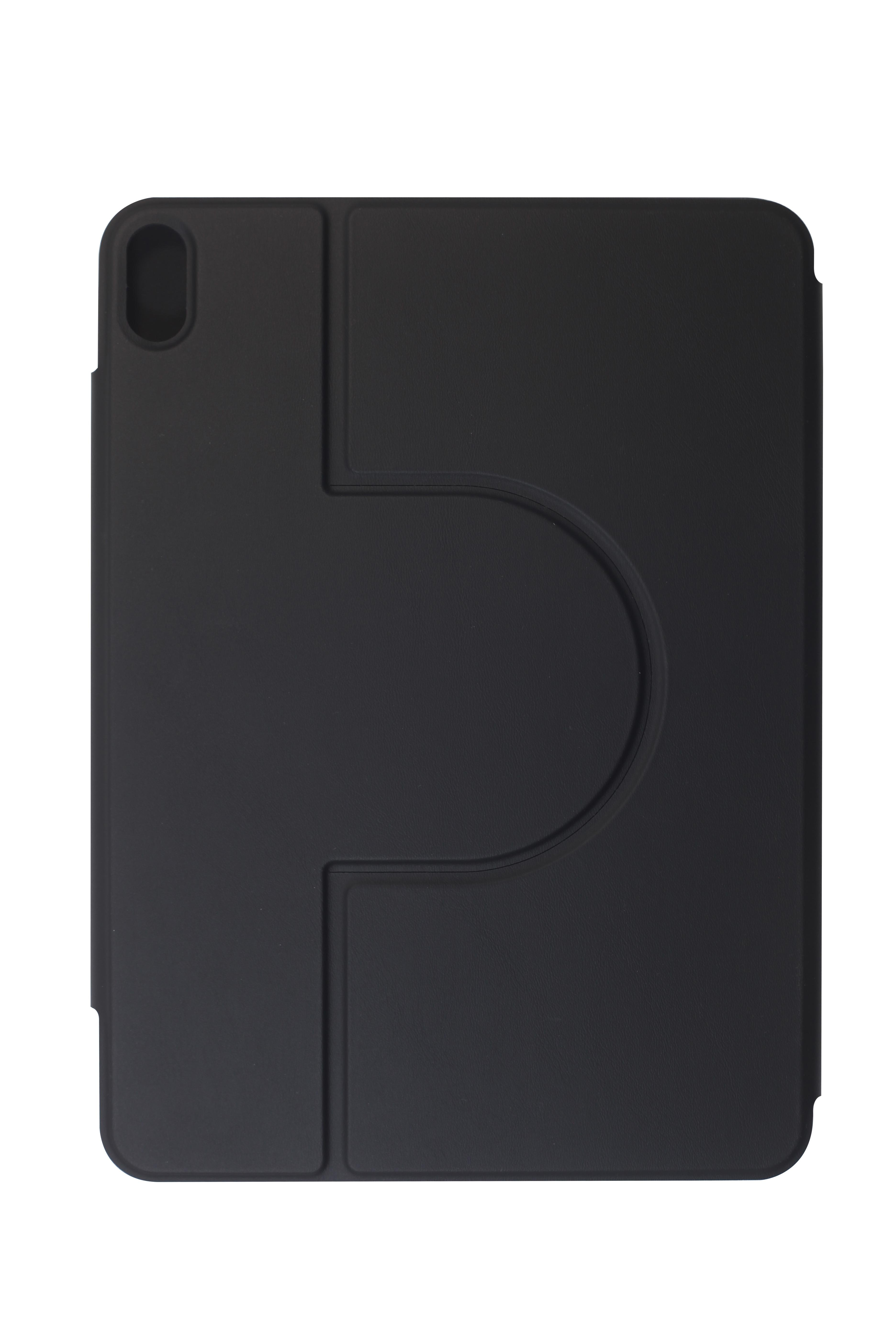 Schwarze iPad-Hülle in geschlossenem Zustand. Sie hat ein gebogenes Design und einen sichtbaren Ausschnitt.