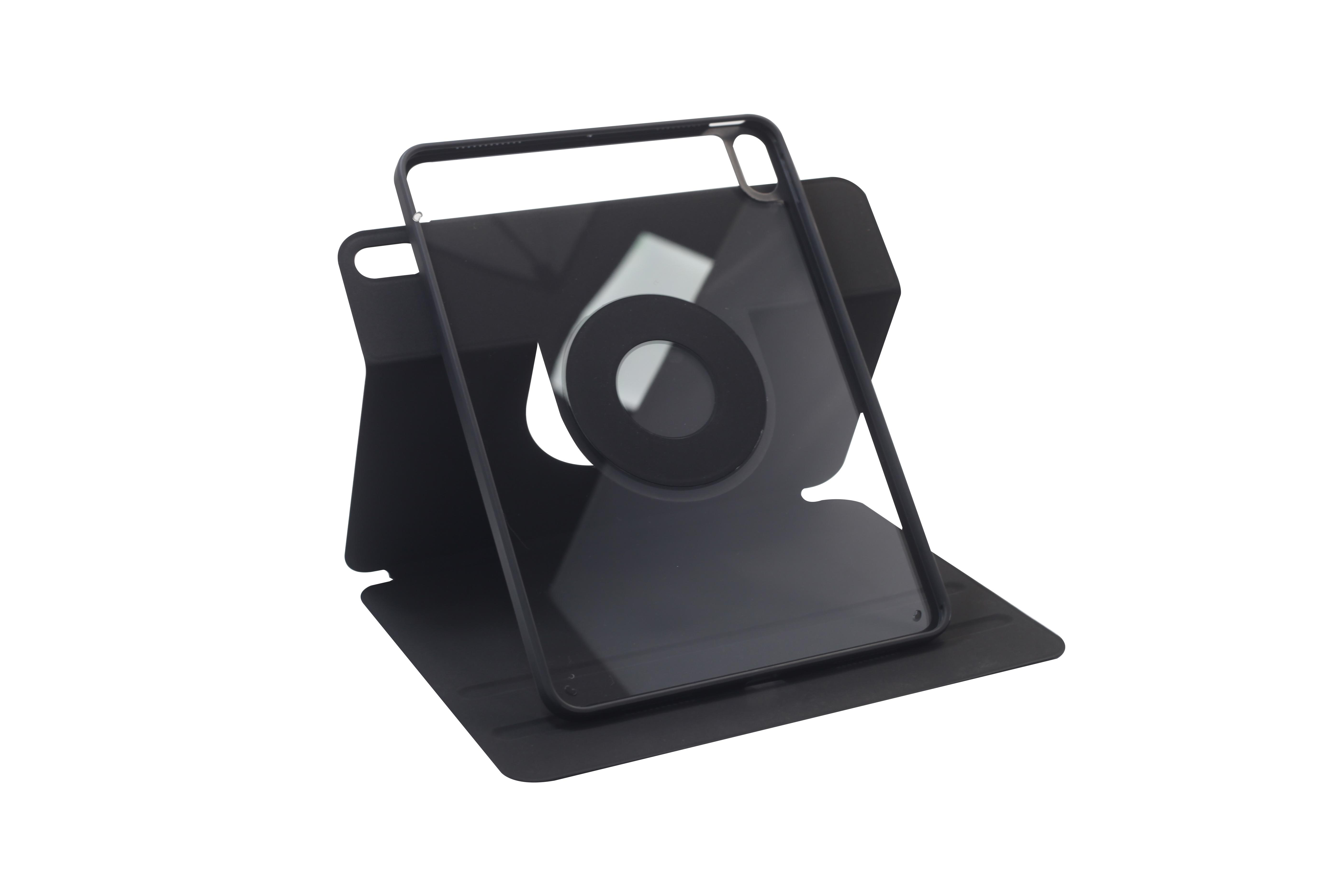 Schwarze iPad-Hülle mit transparentem Rahmen. Die Hülle ist offen, und das iPad ist sichtbar, vor weißem Hintergrund.