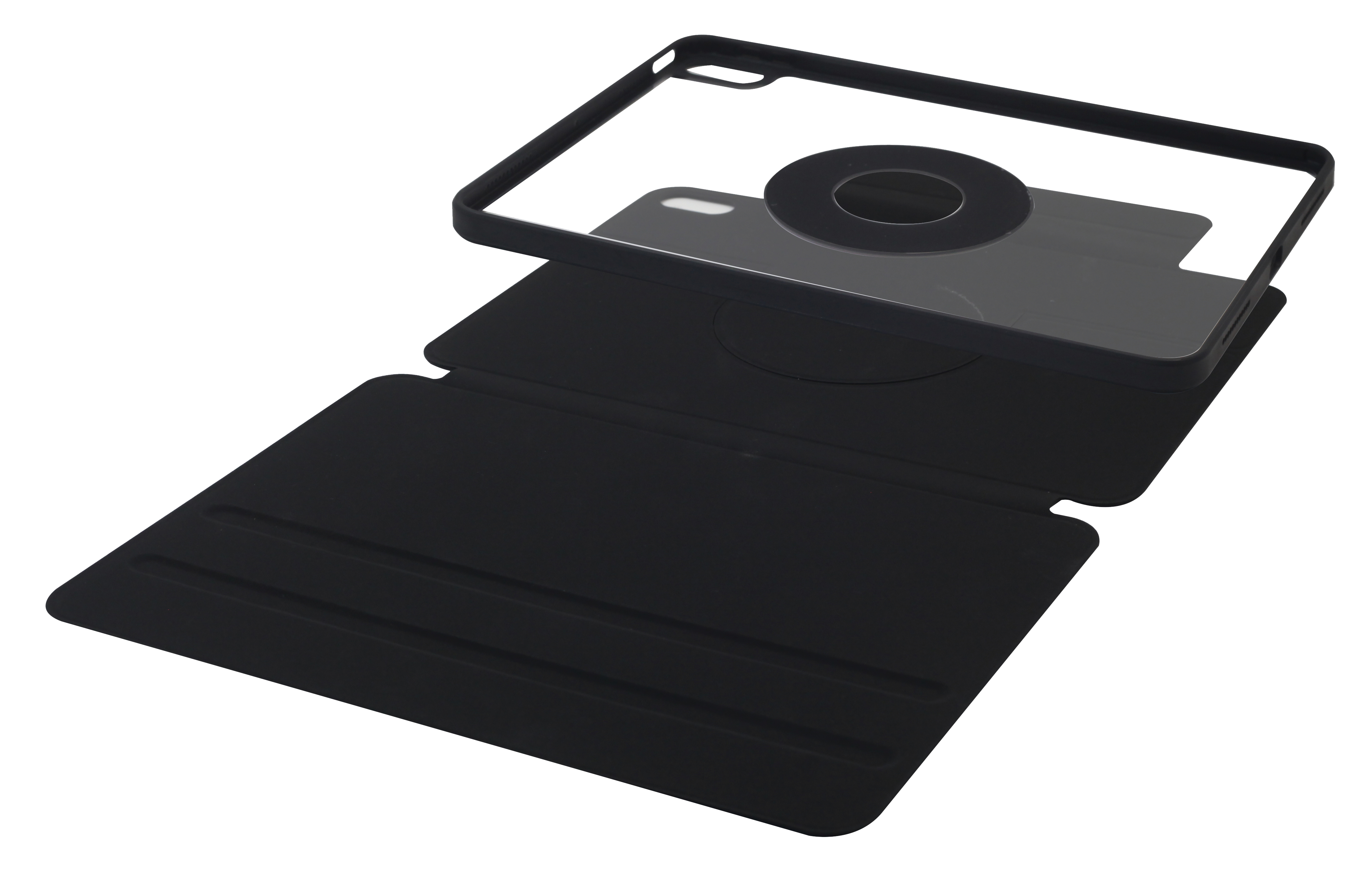 Schwarze iPad-Hülle mit transparentem Rahmen, vor weißem Hintergrund, die offene Hülle und iPad zeigt.