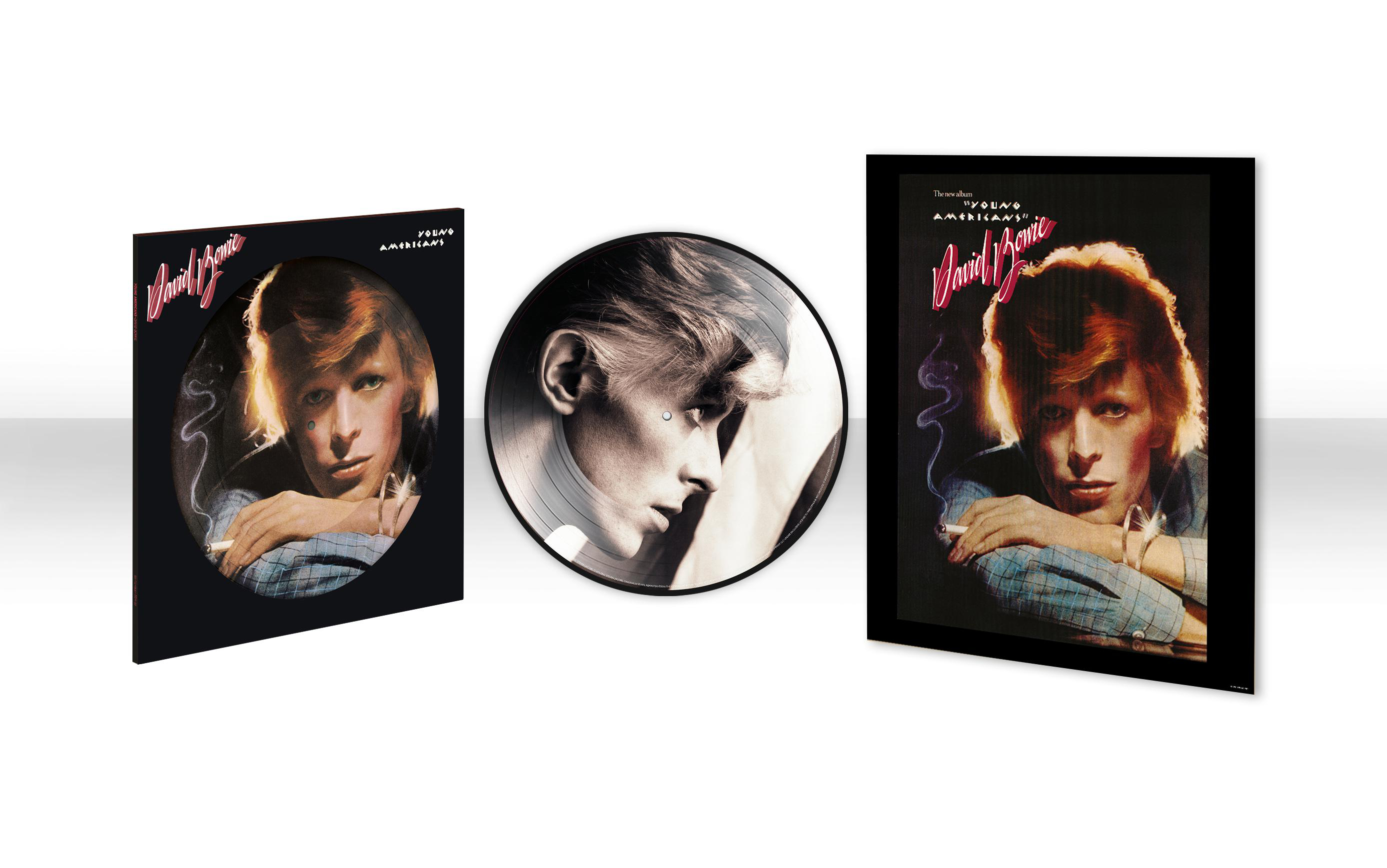 Albumcover mit einem Mann vor einem gespiegelten Hintergrund. Text 'YOUNG AMERICANS' und 'David Bowie'.