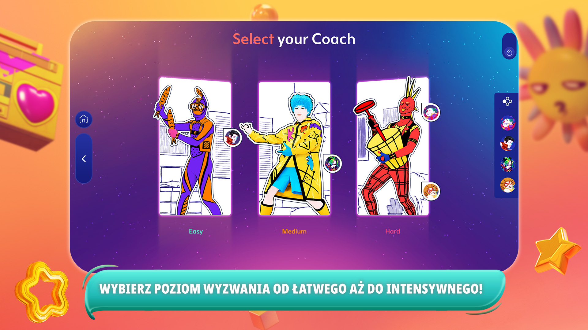 Ekran wyboru trenera w grze Just Dance. Prezentowane są trzy kreskówkowe postacie tancerzy.
