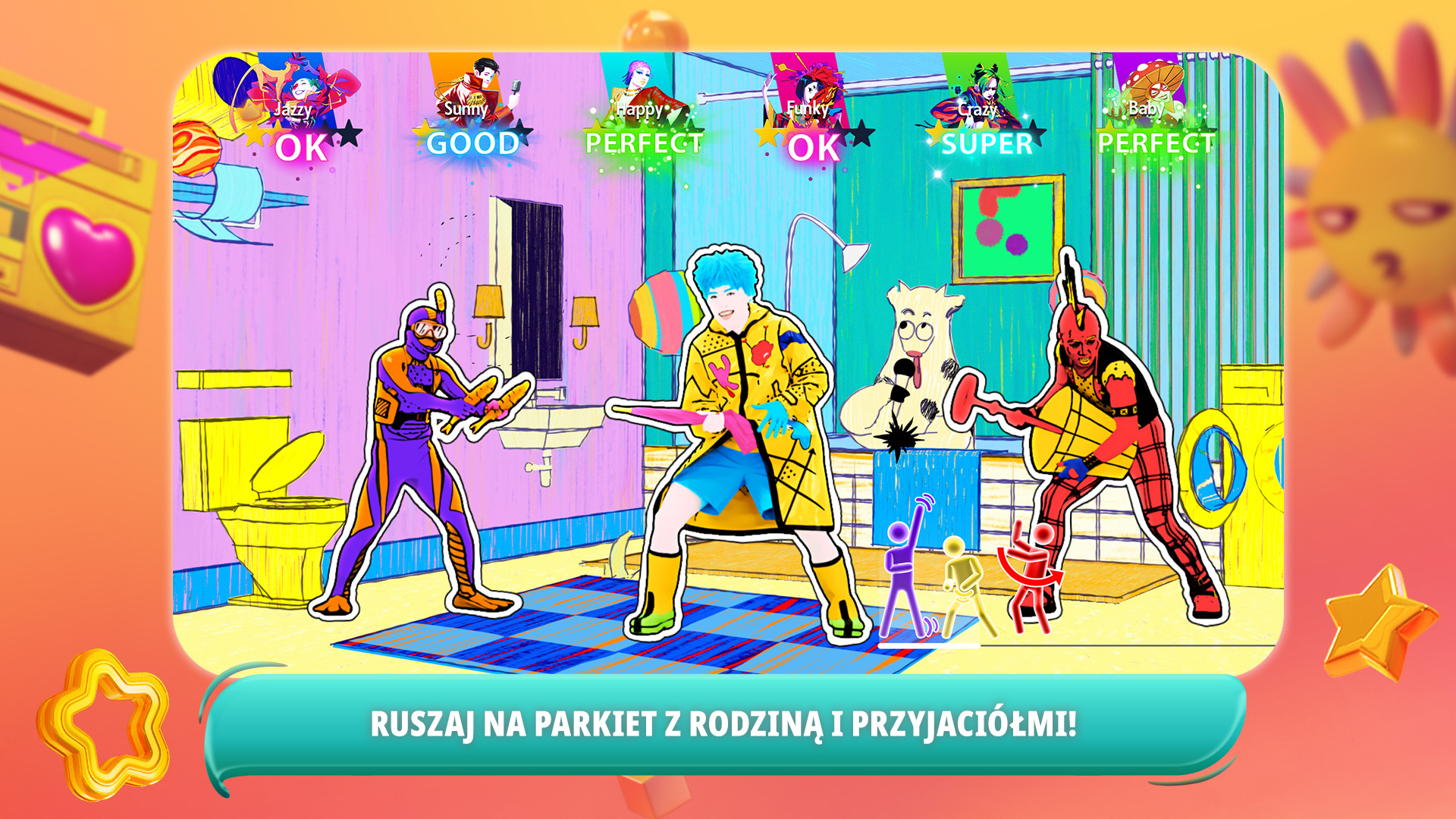 Scena z gry Just Dance. Trzech kreskówkowych tancerzy tańczy w kreskówkowym salonie.
