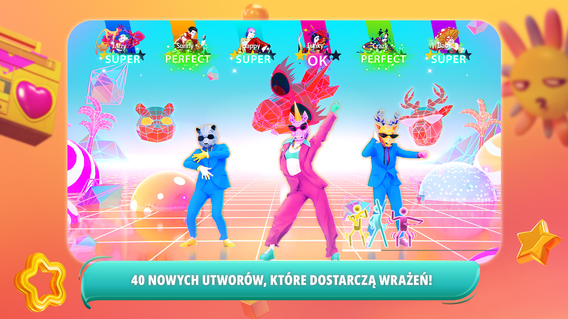 Scena z gry Just Dance. Czterech kreskówkowych tancerzy tańczy na kolorowej, geometrycznej scenie.