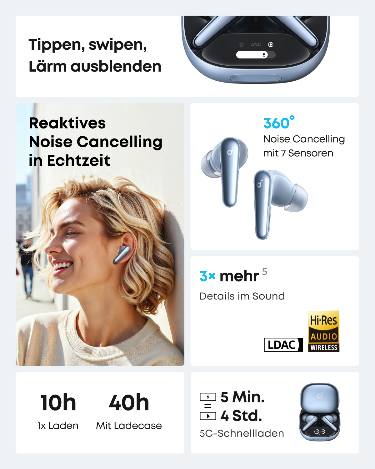 Frau mit Ohrhörern, verschiedene Infografiken, blaues Ohrhörer-Etui, weißer Hintergrund.