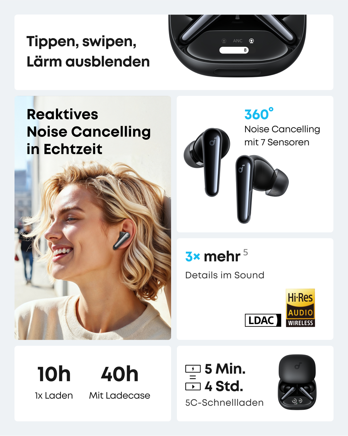Bild mit Ohrhörern und Text, der Geräuschunterdrückung und Akkulaufzeit beschreibt.