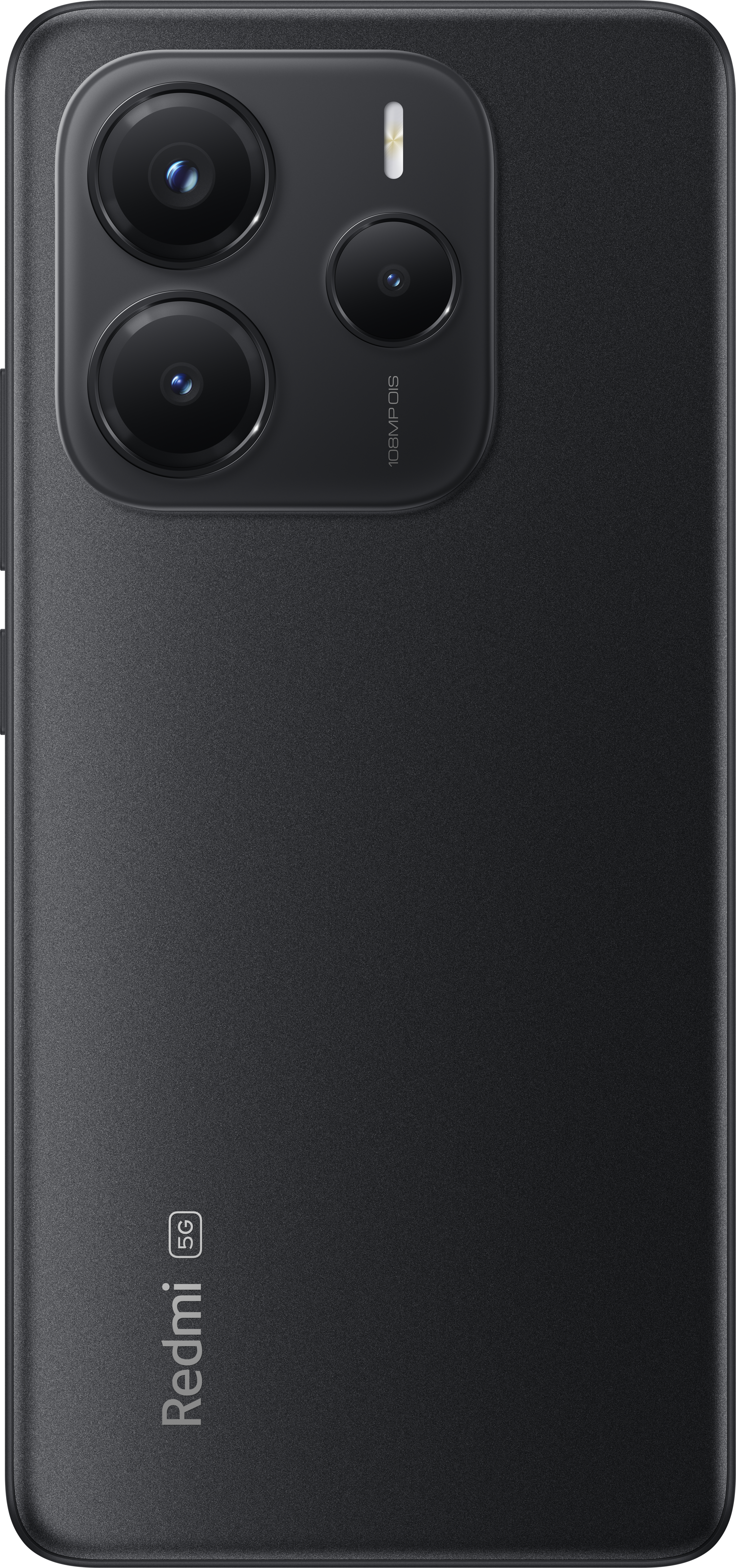 Schwarze Smartphone-Rückseite mit drei Kameras, Redmi-Logo und 5G-Label.