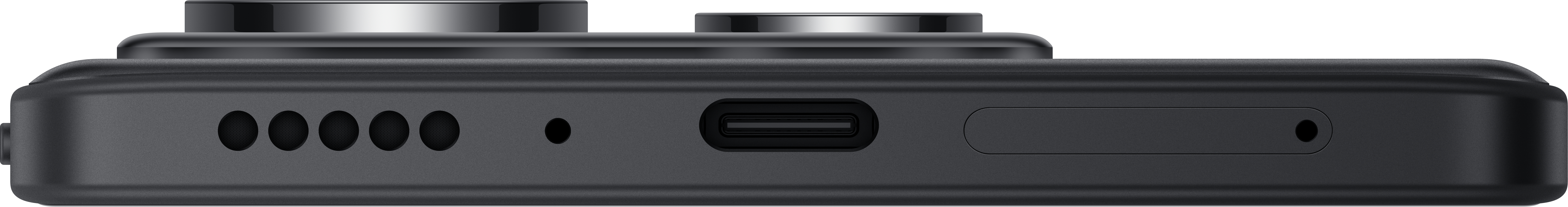 Nahaufnahme der Unterseite eines schwarzen Smartphones mit Anschlüssen und Tasten.