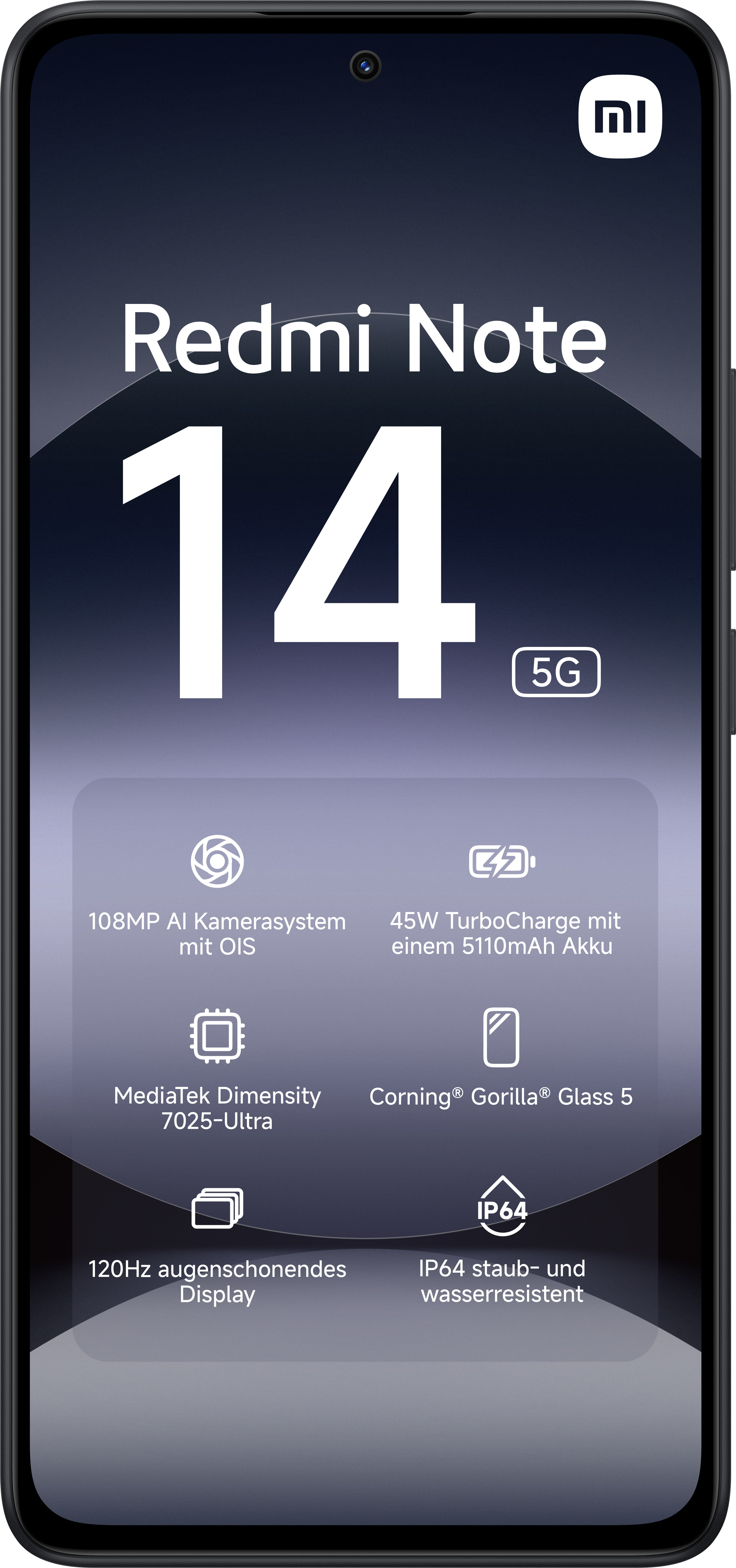 Schwarzer Smartphone-Bildschirm mit Informationen und Funktionen, Redmi Note 14.