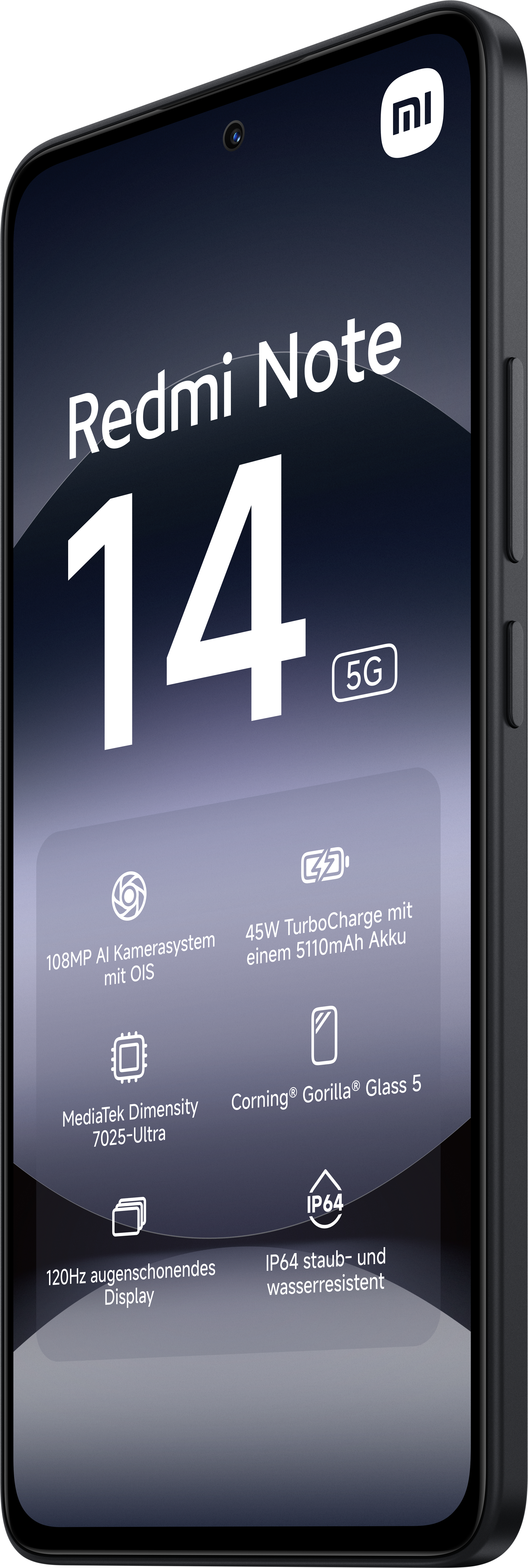 Schwarzes Smartphone, das Displayinformationen und Funktionen zeigt, Redmi Note 14.
