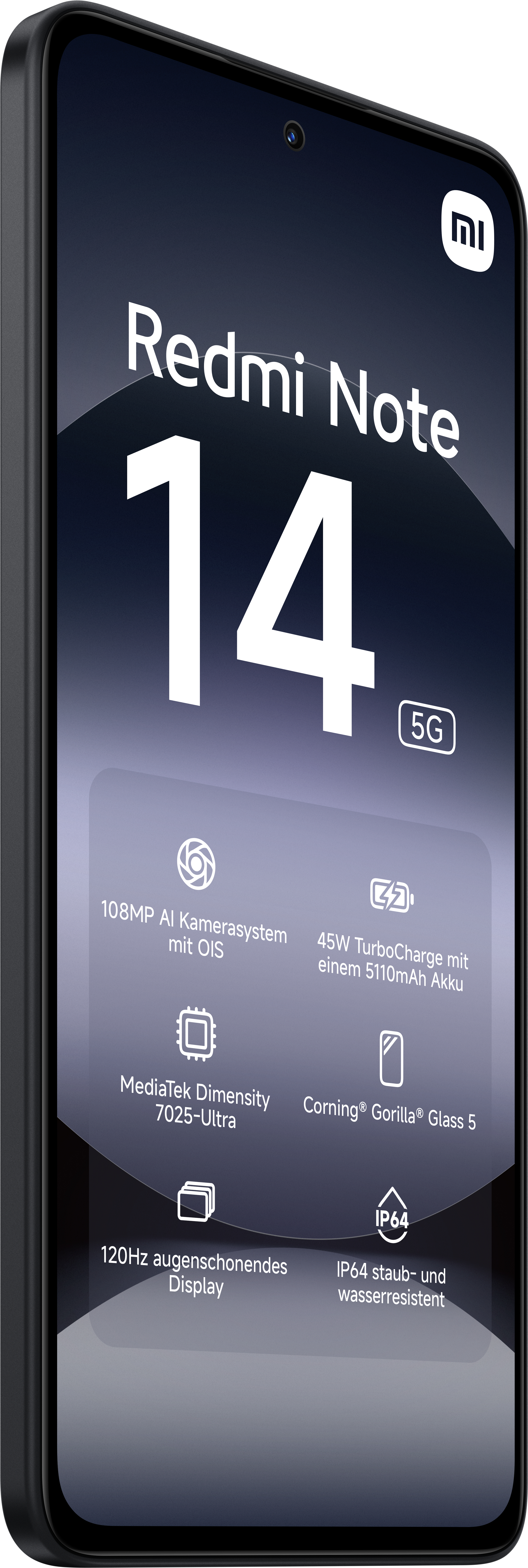 Schwarzes Smartphone mit Anzeigeinformationen, Redmi Note 14.