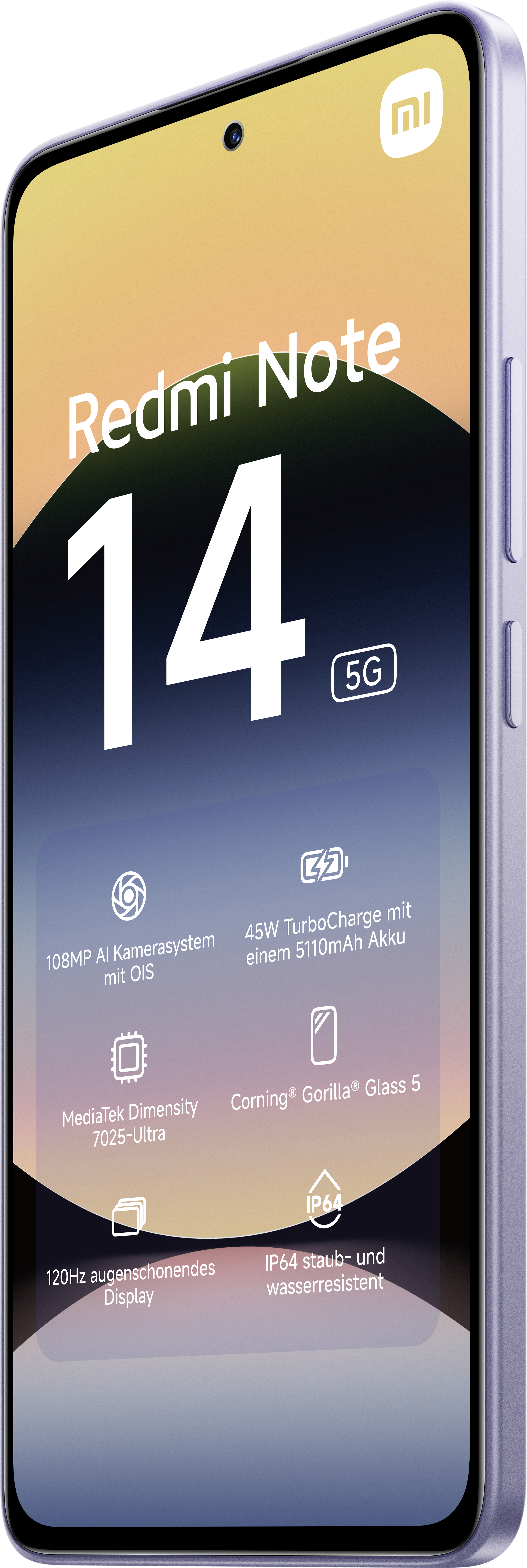 Ein lila Smartphone mit hervorgehobenen Funktionen, das ein Display mit Text und Symbolen zeigt.