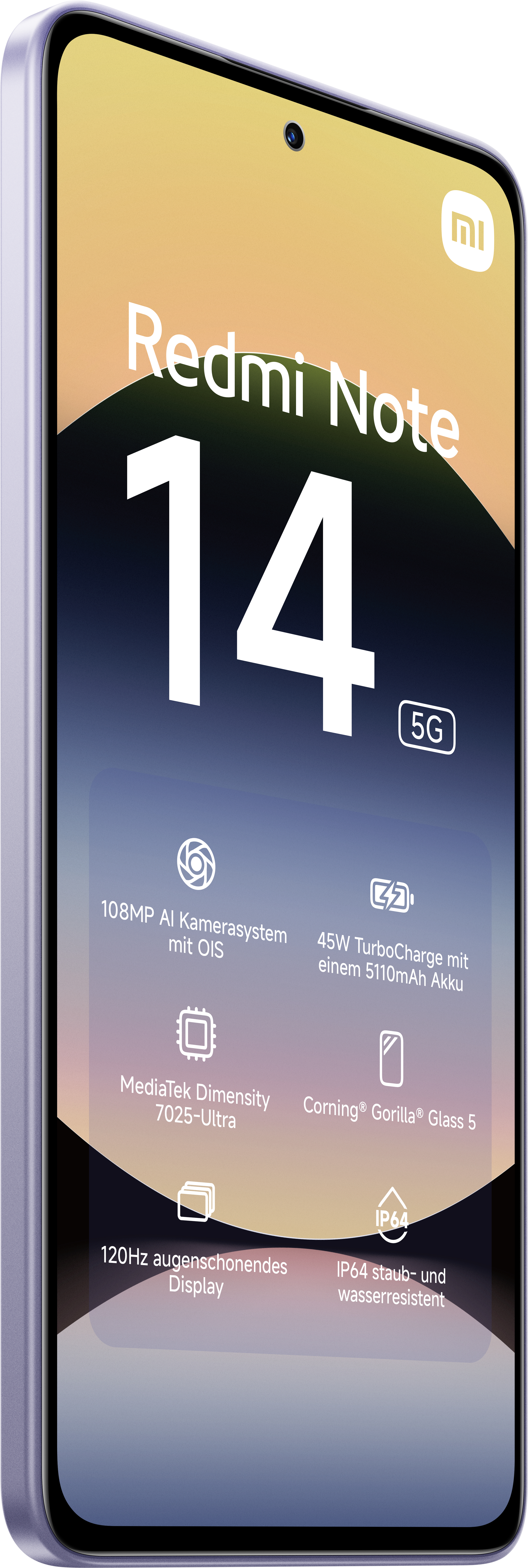 Ein lila Smartphone mit Kamera. Auf der Vorderseite stehen Spezifikationen.