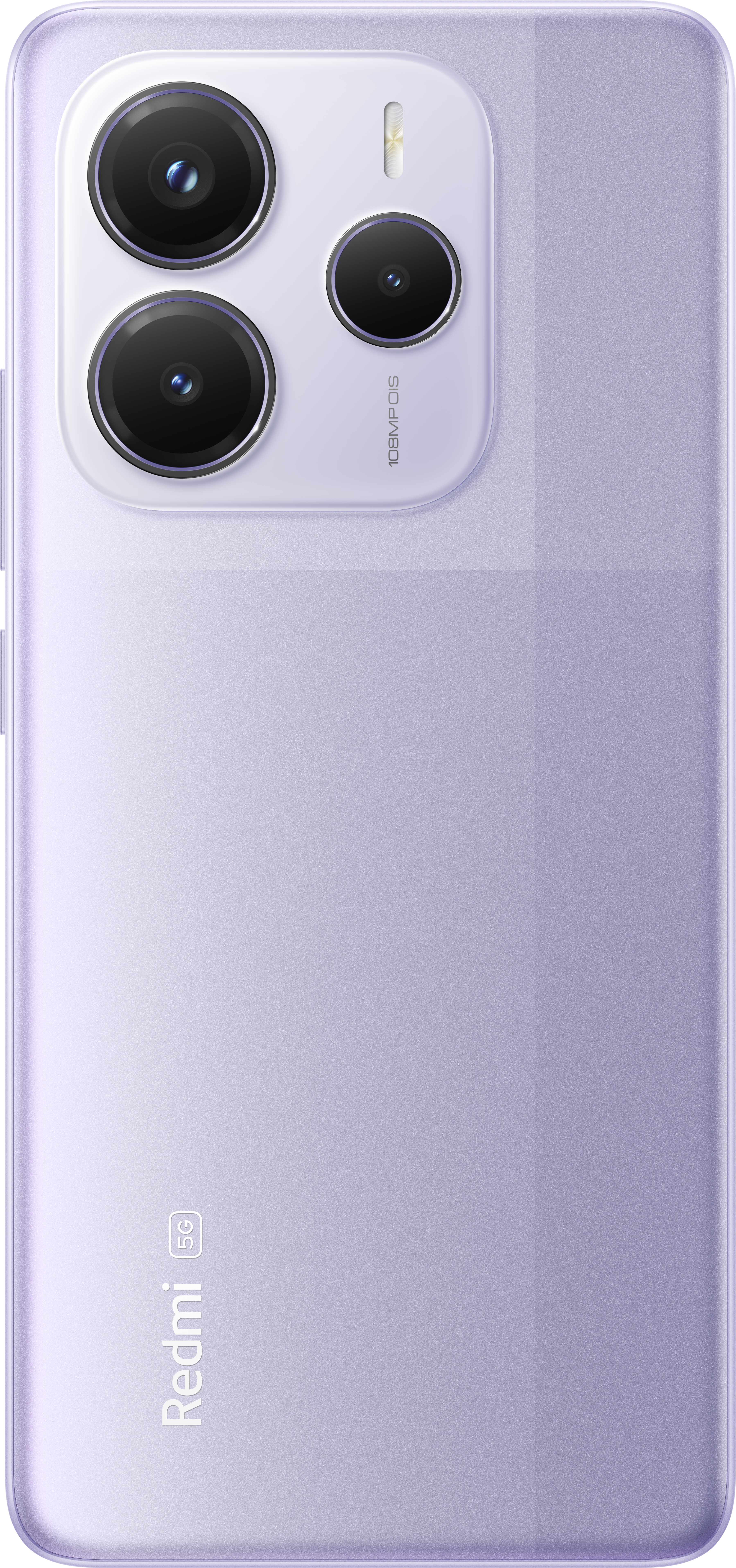 Die Rückseite eines lila Telefons mit Dreifach-Kamera und Redmi-Logo.