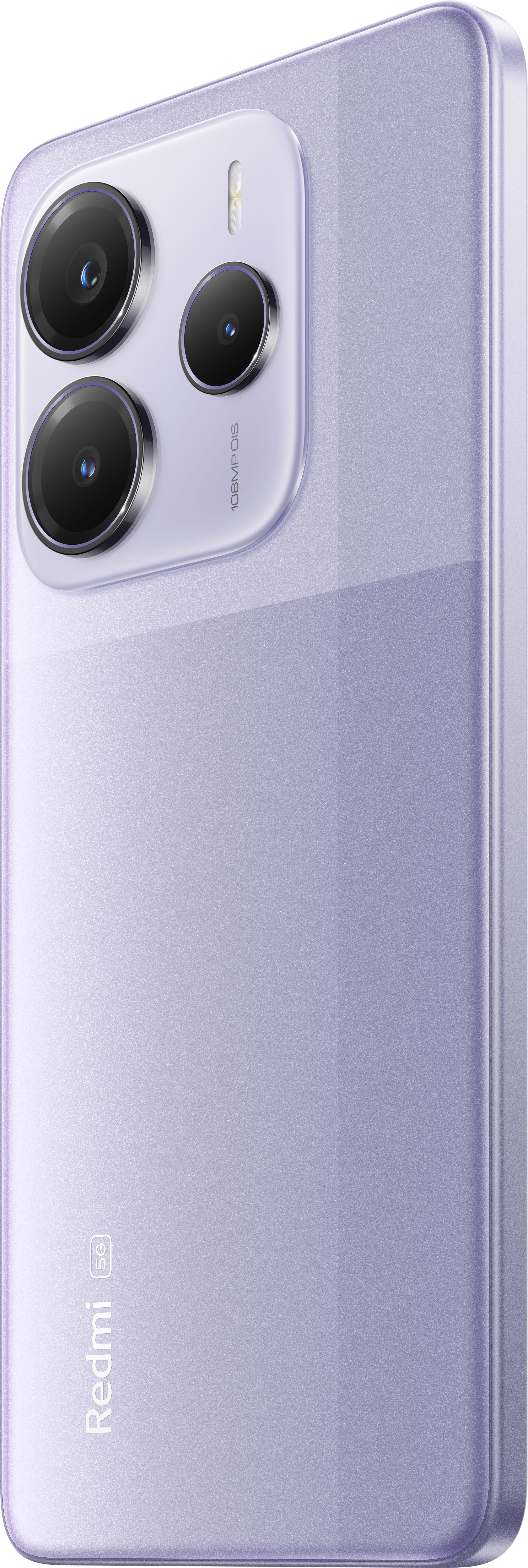 Lilafarbenes Smartphone mit drei Kameralinsen, schräge Ansicht.