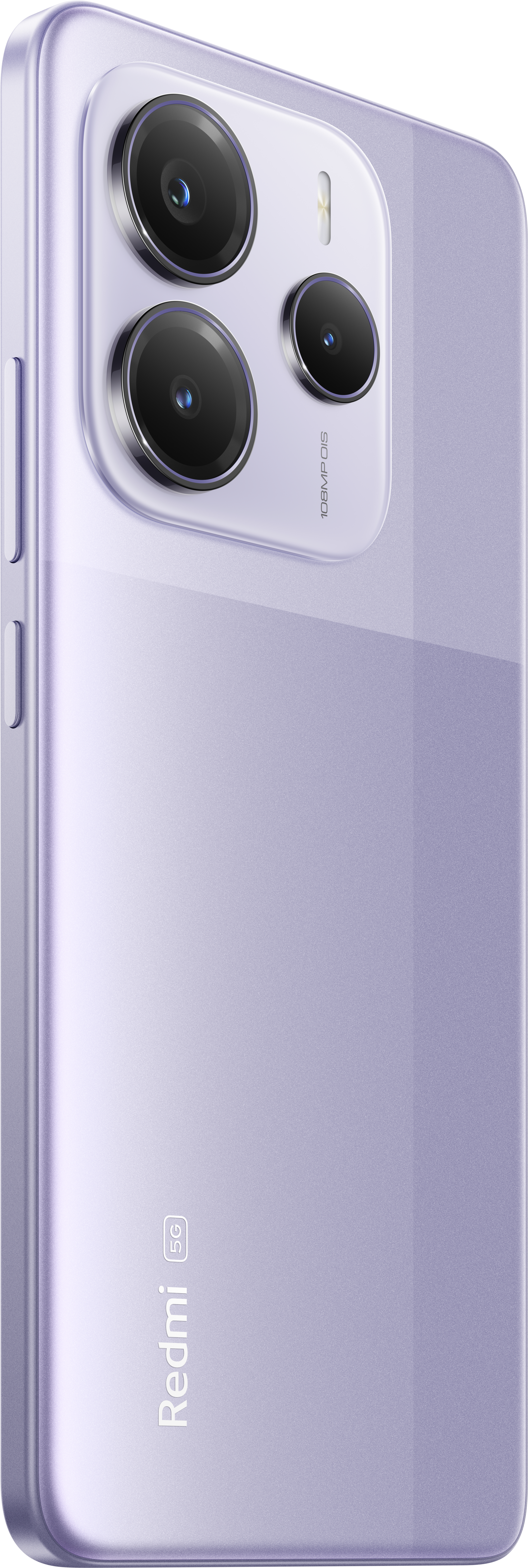 Ein lila Xiaomi-Telefon mit drei Kameras auf der Rückseite.