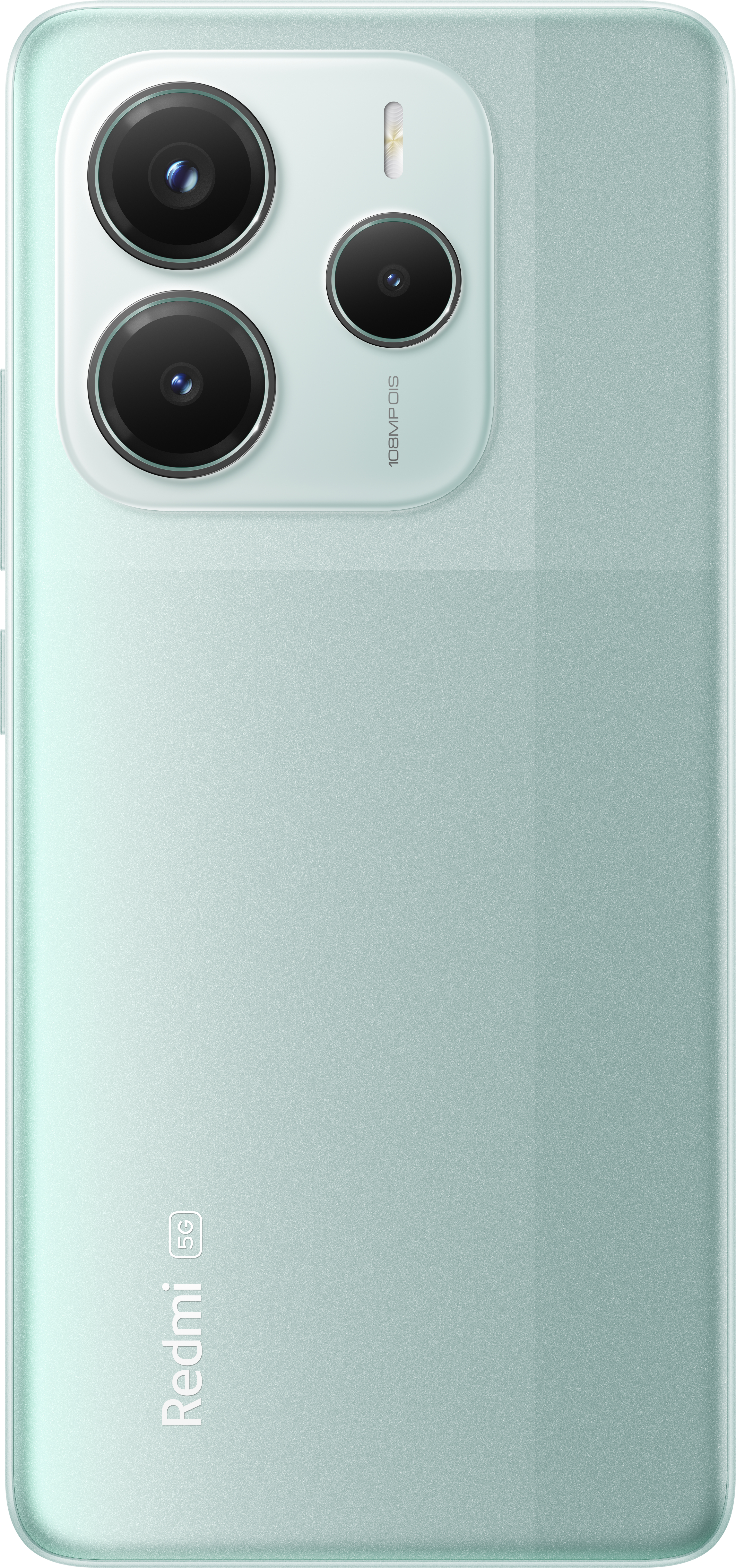 Rückseite eines grünen Smartphones mit Dreifachkamera.