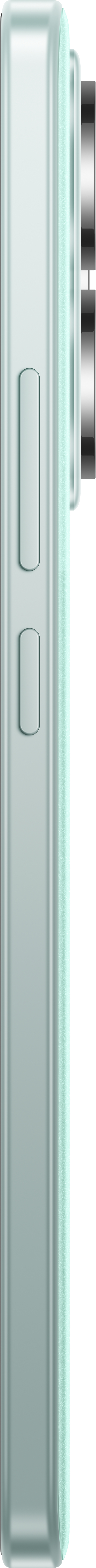 Seitenansicht eines türkisfarbenen Telefons, Tasten zeigend. Das Telefon hat eine mintfarbene Farbe.