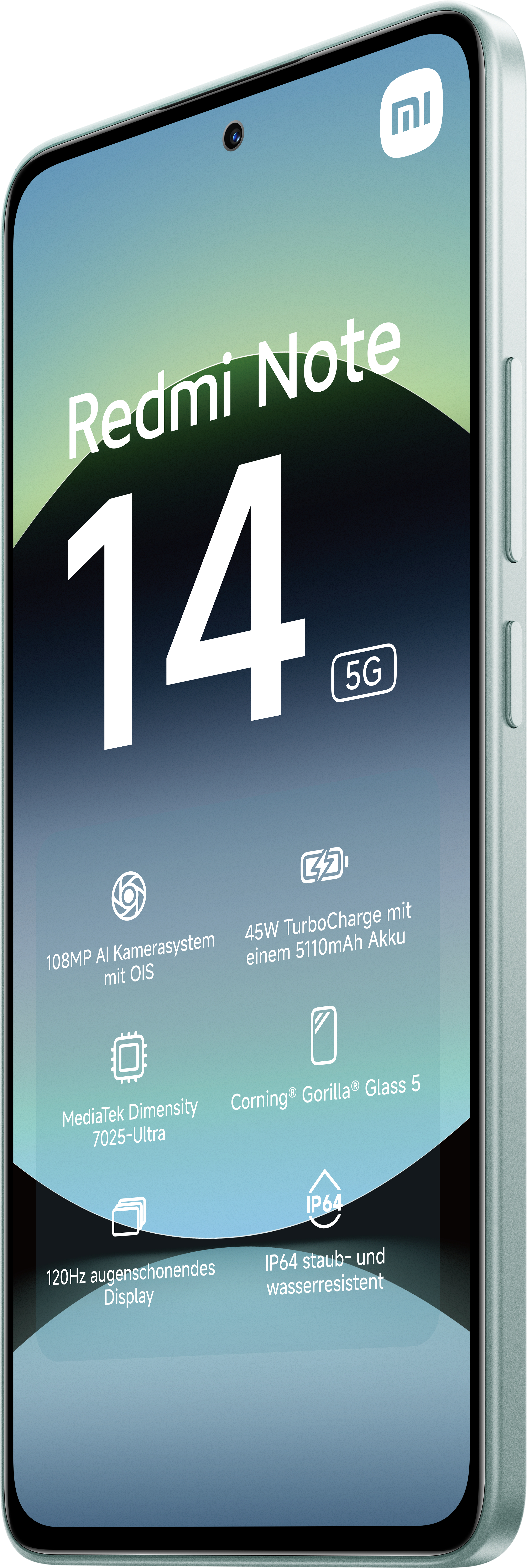 Der Bildschirm eines Telefons zeigt Redmi Note 14-Infos, 5G-Logo und Funktionen auf Deutsch. Das Telefon ist mintfarben.