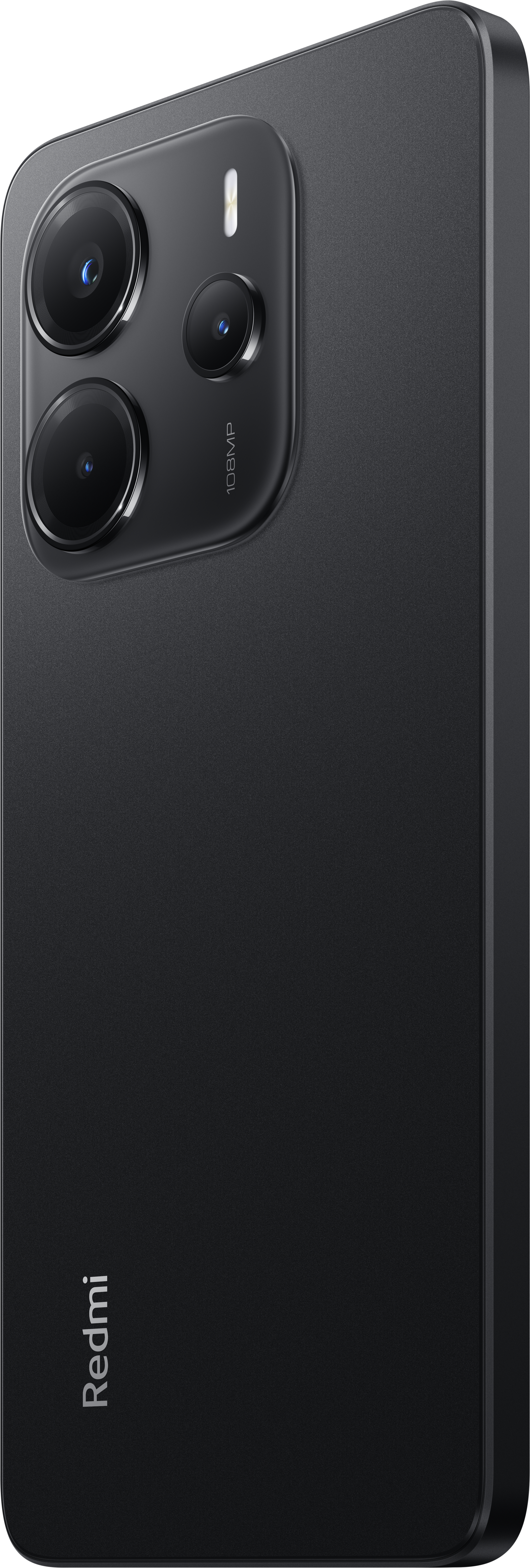 Die Seite eines schwarzen Telefons, strukturiert, mit Redmi-Branding. Das Telefon hat eine Kameraerhebung.