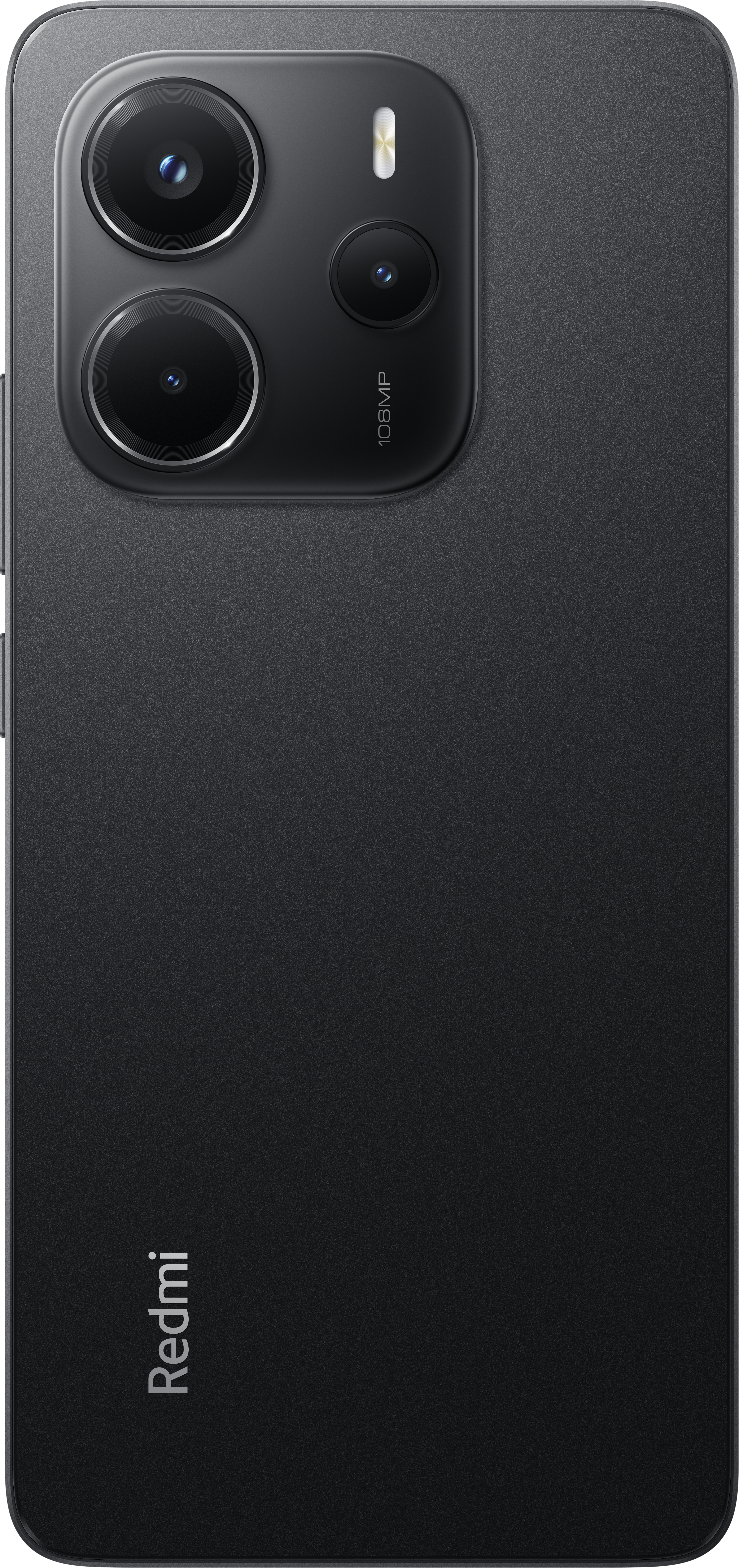 Schwarzes Redmi-Telefon mit Kameragehäuse und Redmi-Logo.
