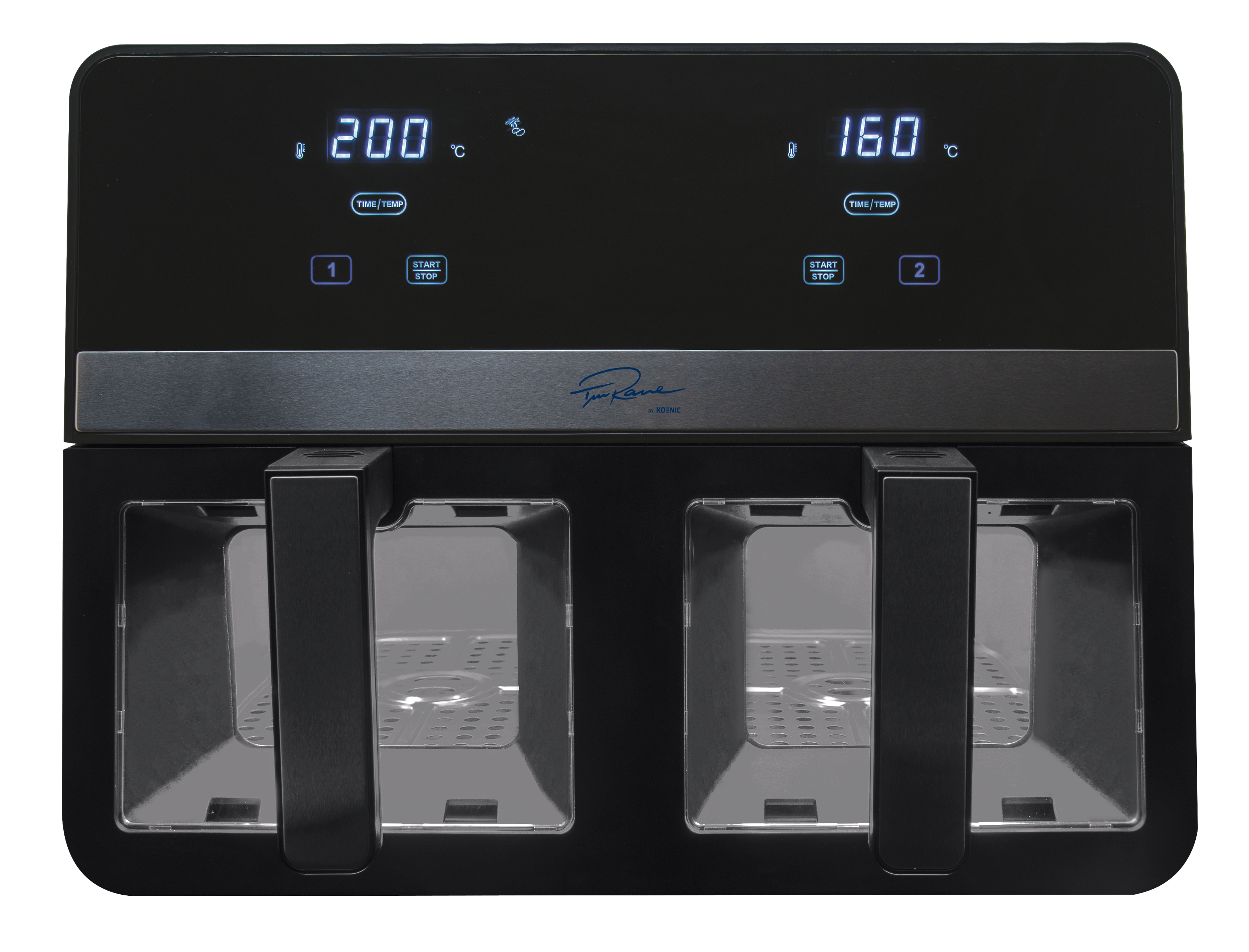 Eine schwarze Heißluftfritteuse mit zwei Fächern. Jedes hat einen Griff und ein digitales Display mit Temperatur.
