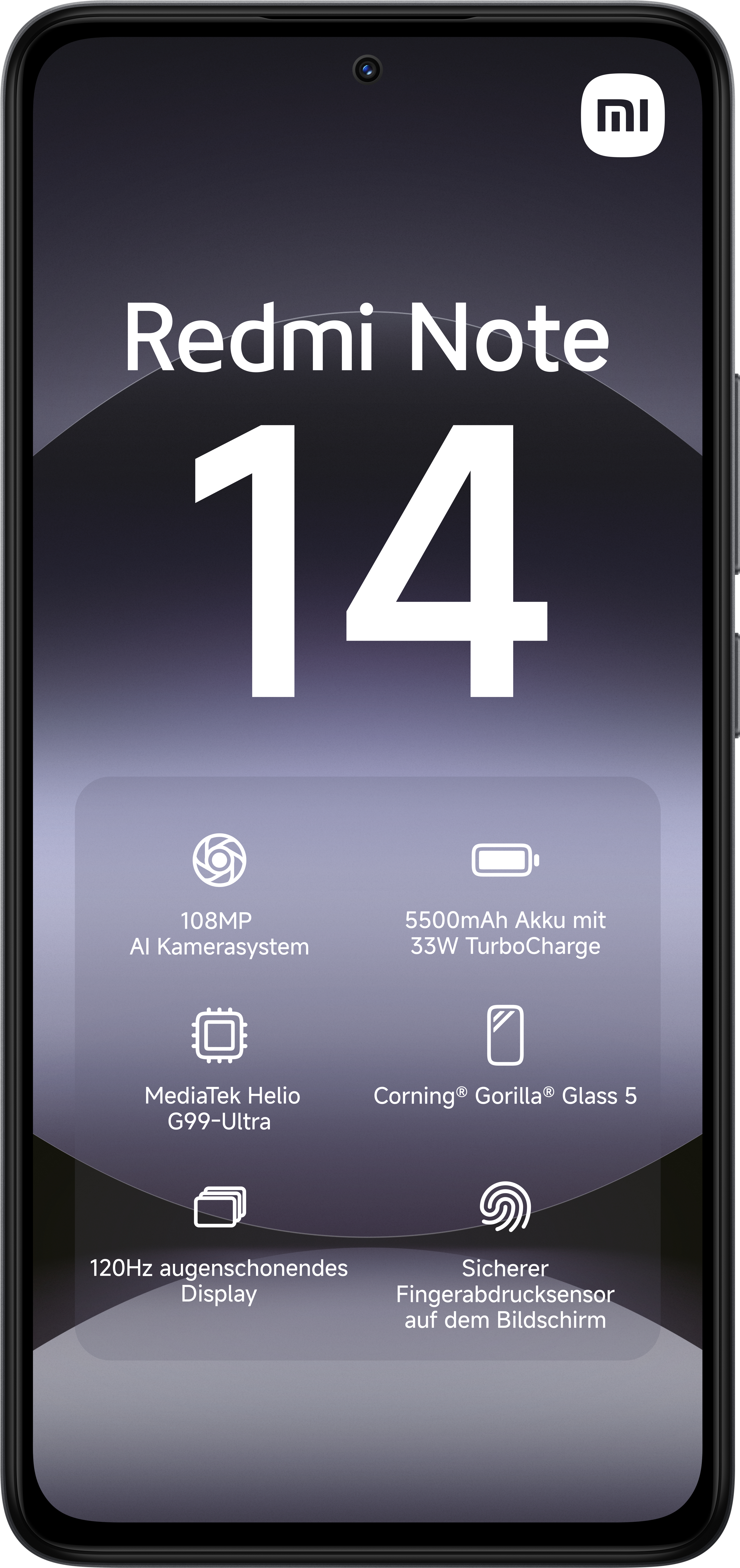 Schwarzes Smartphone mit Redmi Note 14, Spezifikationen und weißem Xiaomi-Logo.
