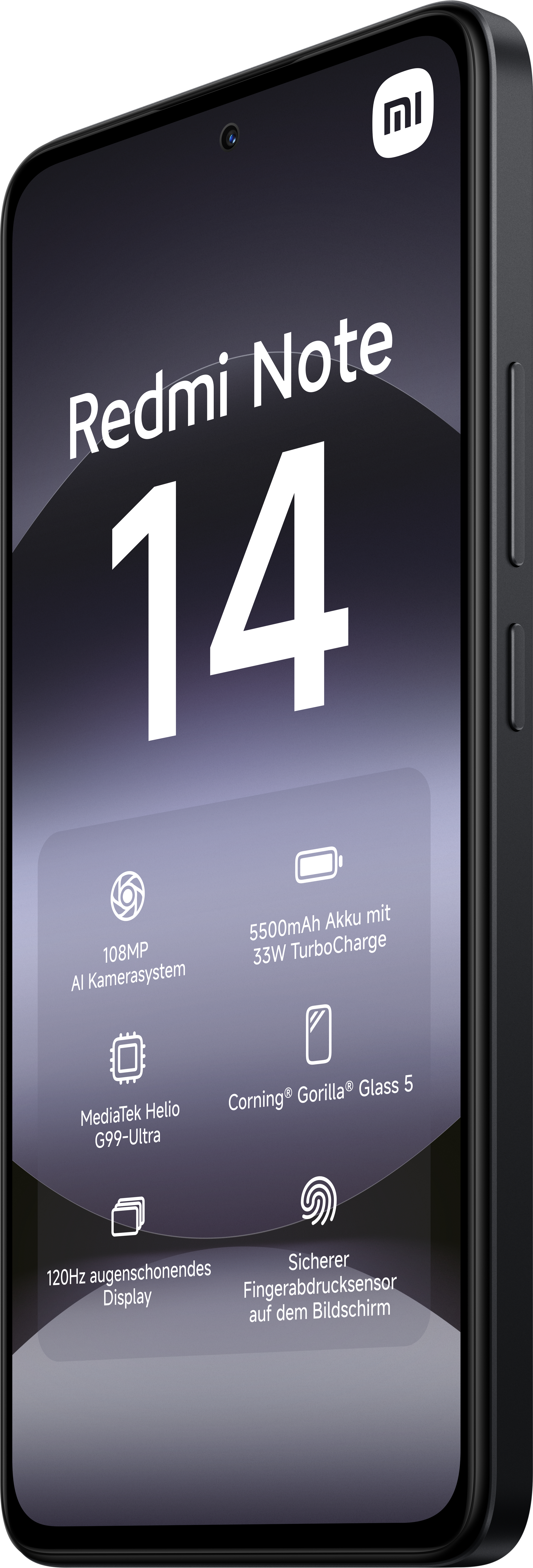Schwarzes Redmi Note 14, abgewinkelt, mit Infos auf dem Bildschirm.