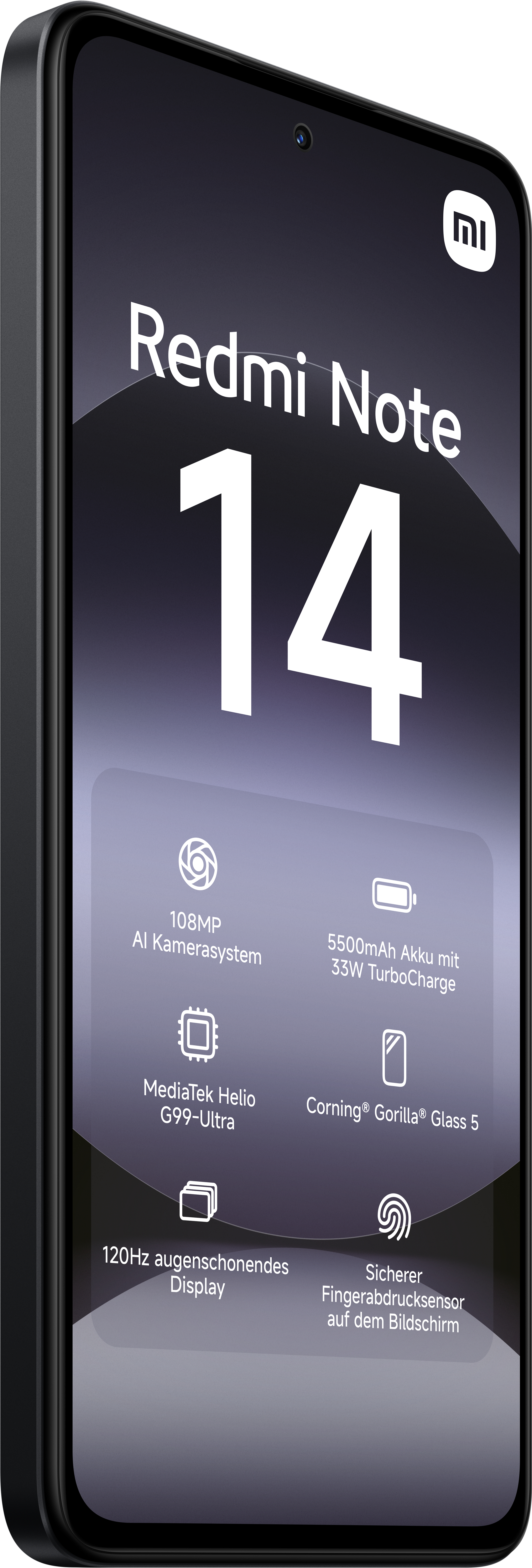 Nahaufnahme eines schwarzen Redmi Note 14-Telefons, das den Bildschirm mit Details zeigt.