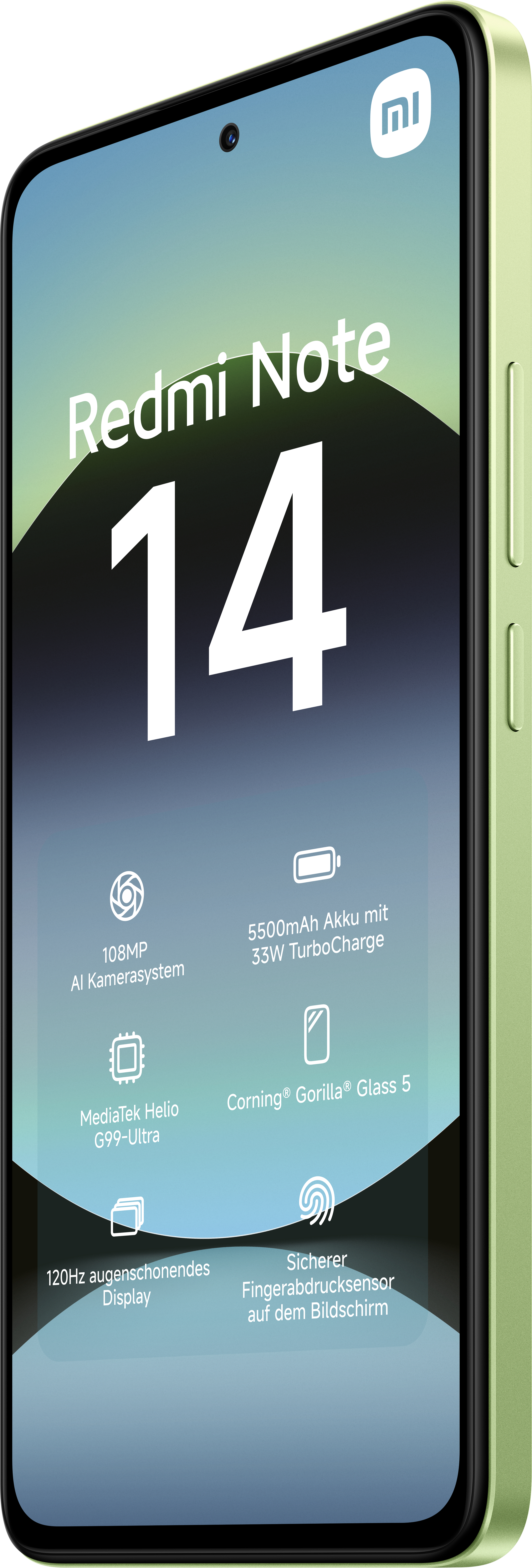 Grünes Redmi Note 14, abgewinkelt, mit Infos auf dem Bildschirm.