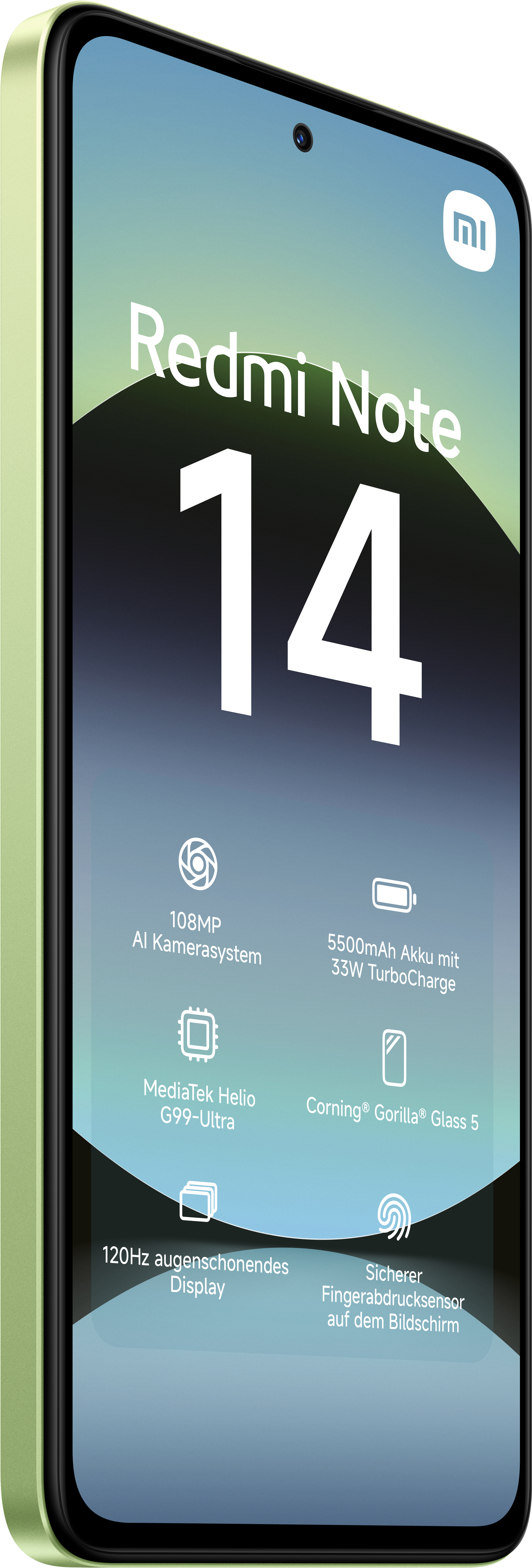 Ein Smartphone in einem hellgrünen Gehäuse mit Text und Symbolen darauf.
