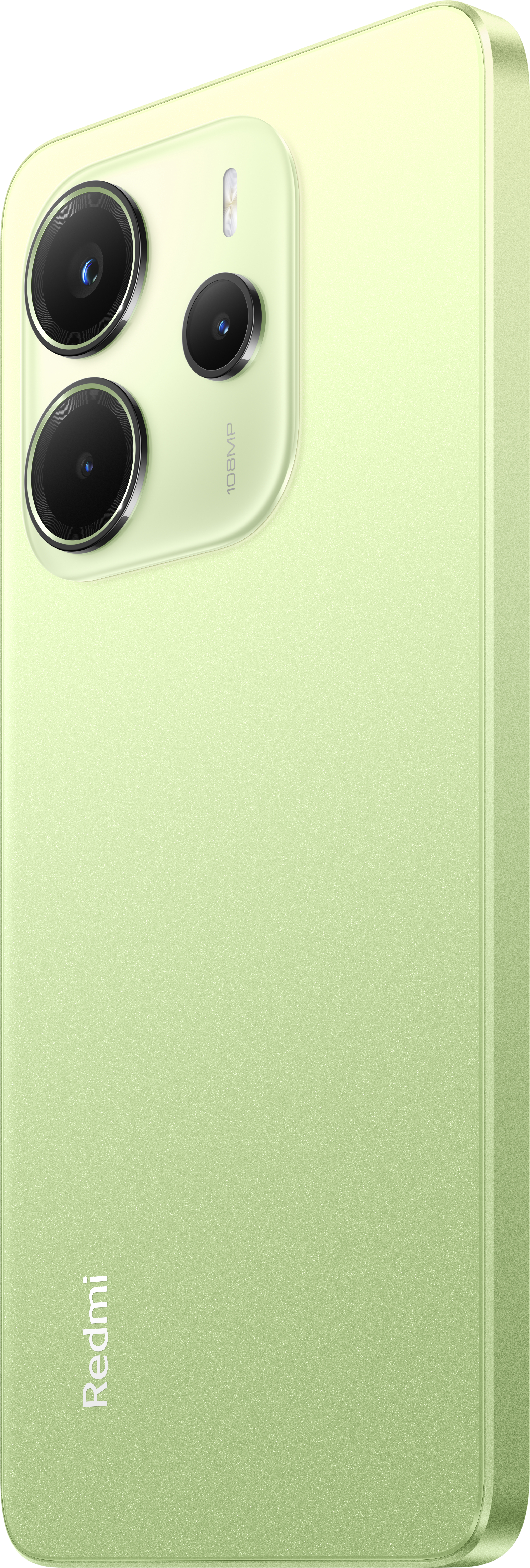 Grünes Smartphone mit drei Kameras, Seitenansicht mit glänzendem Finish.