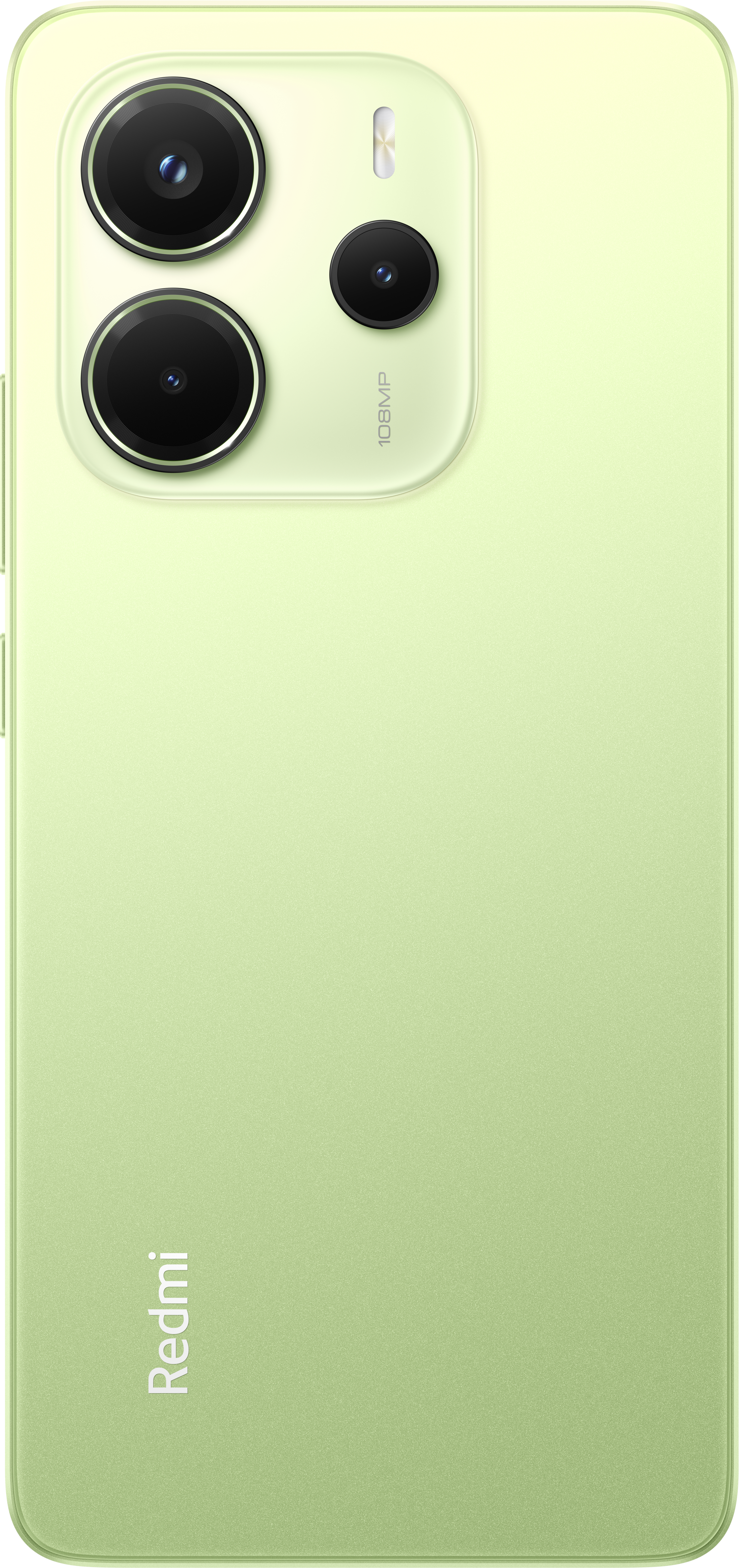 Grüne Telefonrückseite mit Kameras, Logo und glatter Oberfläche.