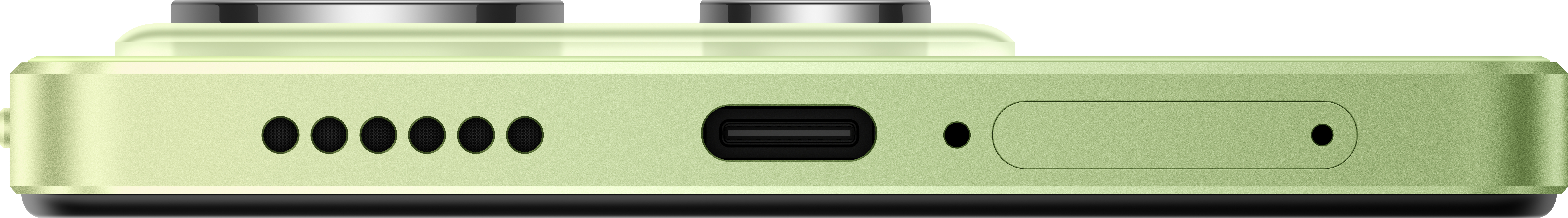 Unteransicht eines grünen Telefons mit Anschlüssen und USB-C.