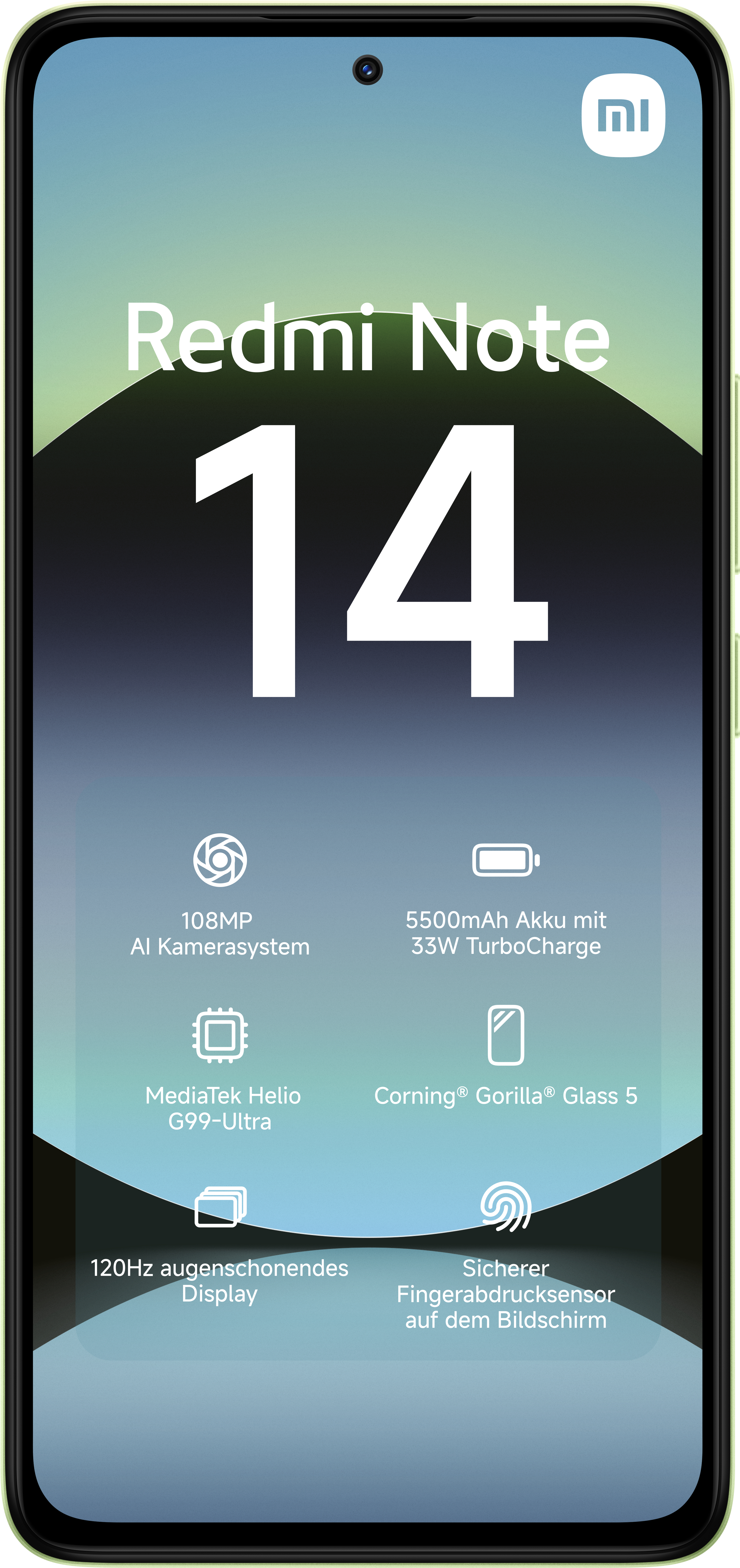 Grünes Redmi Note 14, abgewinkelt, mit Infos auf dem Bildschirm.