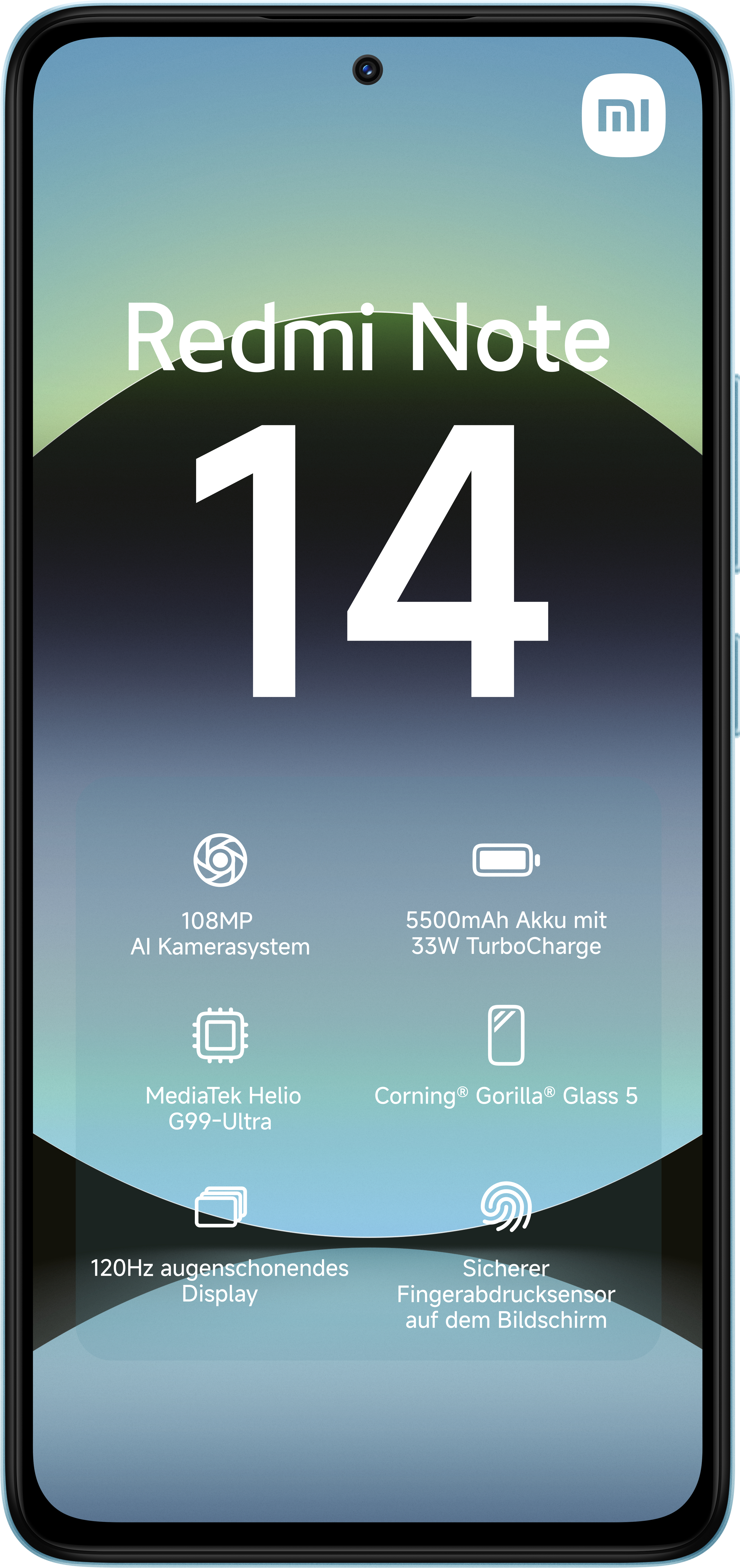 Smartphone, der Informationen anzeigt, mit hellblauem Rahmen. Der Bildschirm zeigt Spezifikationen.