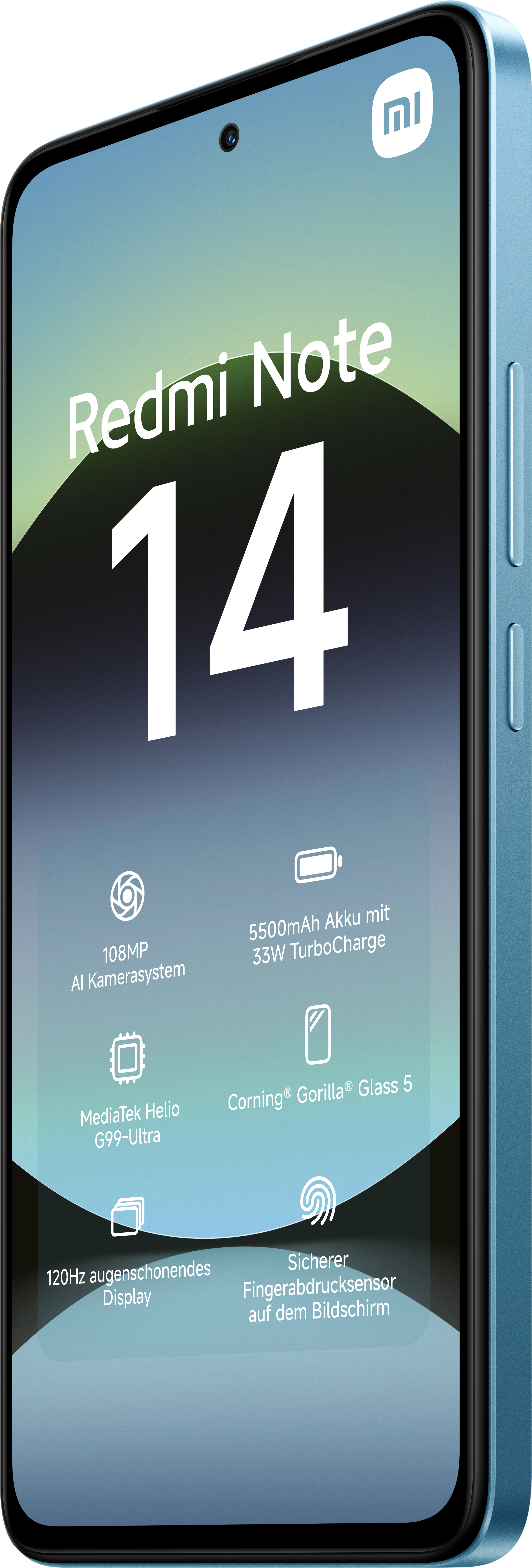 Blaue Telefonrückseite mit drei Kameras und Blitz. Wort Redmi unten.
