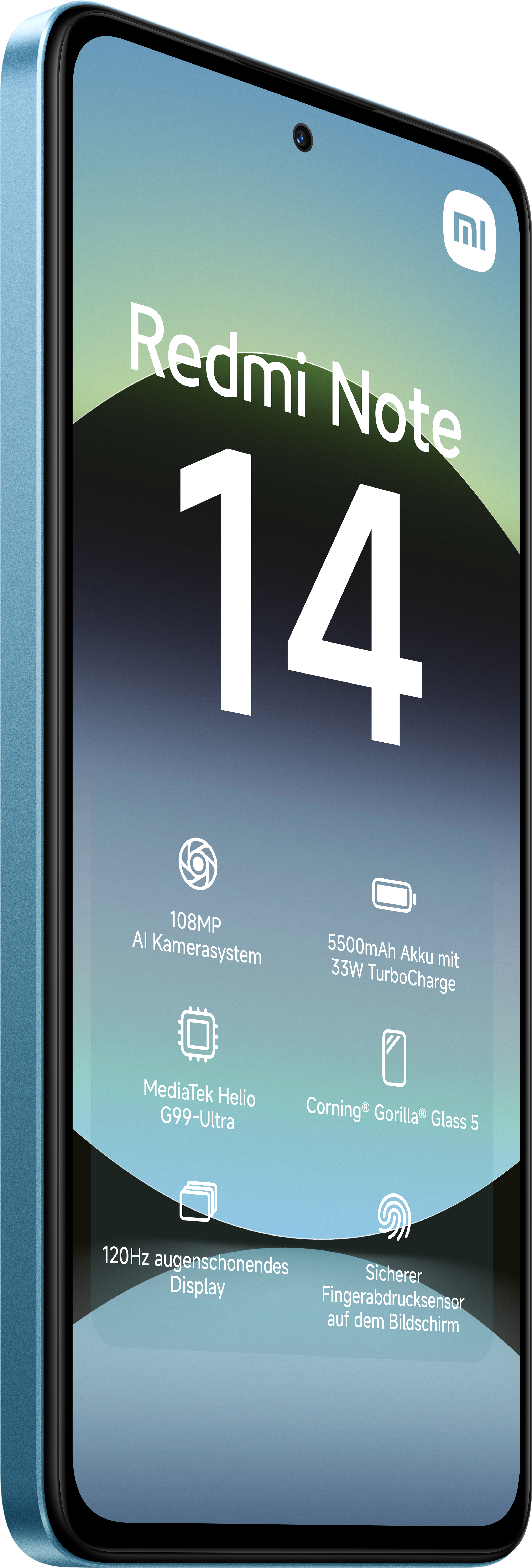 Ein blaues Redmi Note 14 Smartphone zeigt Spezifikationen auf weißem Hintergrund.