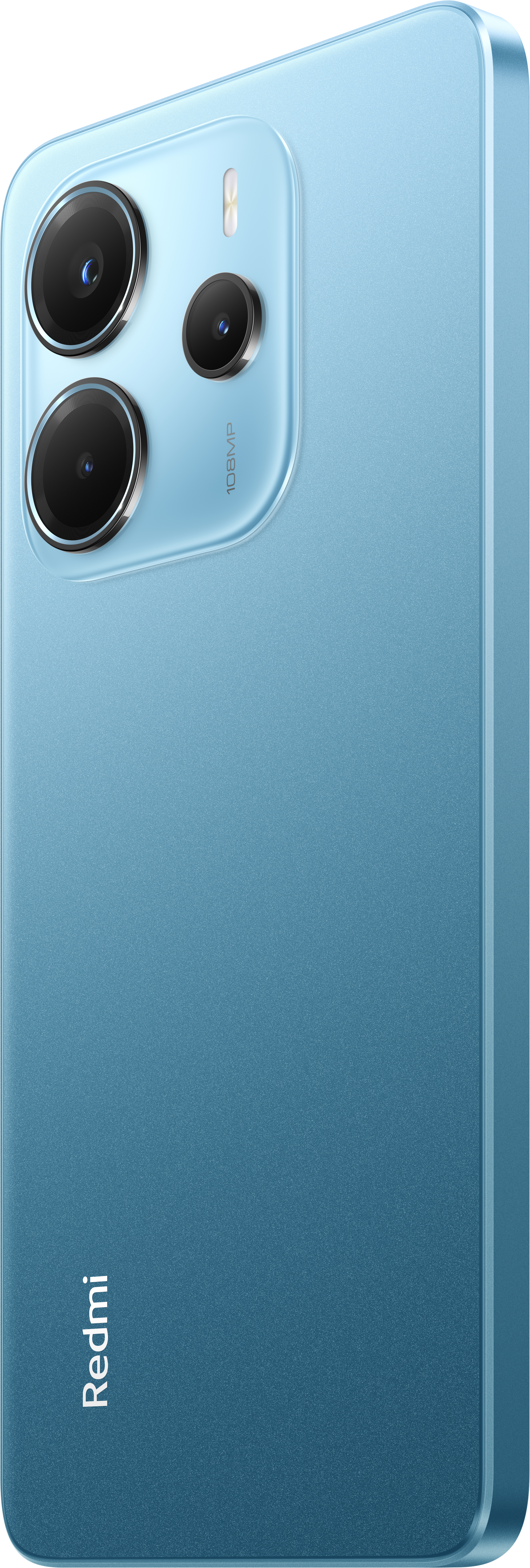 Nahaufnahme eines blauen Smartphones mit Kameraausbuchtung auf der Rückseite.