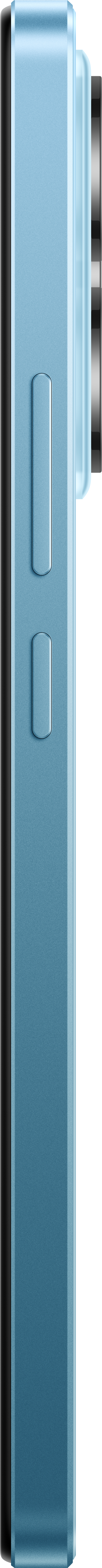 Seitenansicht eines blauen Smartphones. Knöpfe an der Seite sichtbar. Schwarzer Hintergrund.
