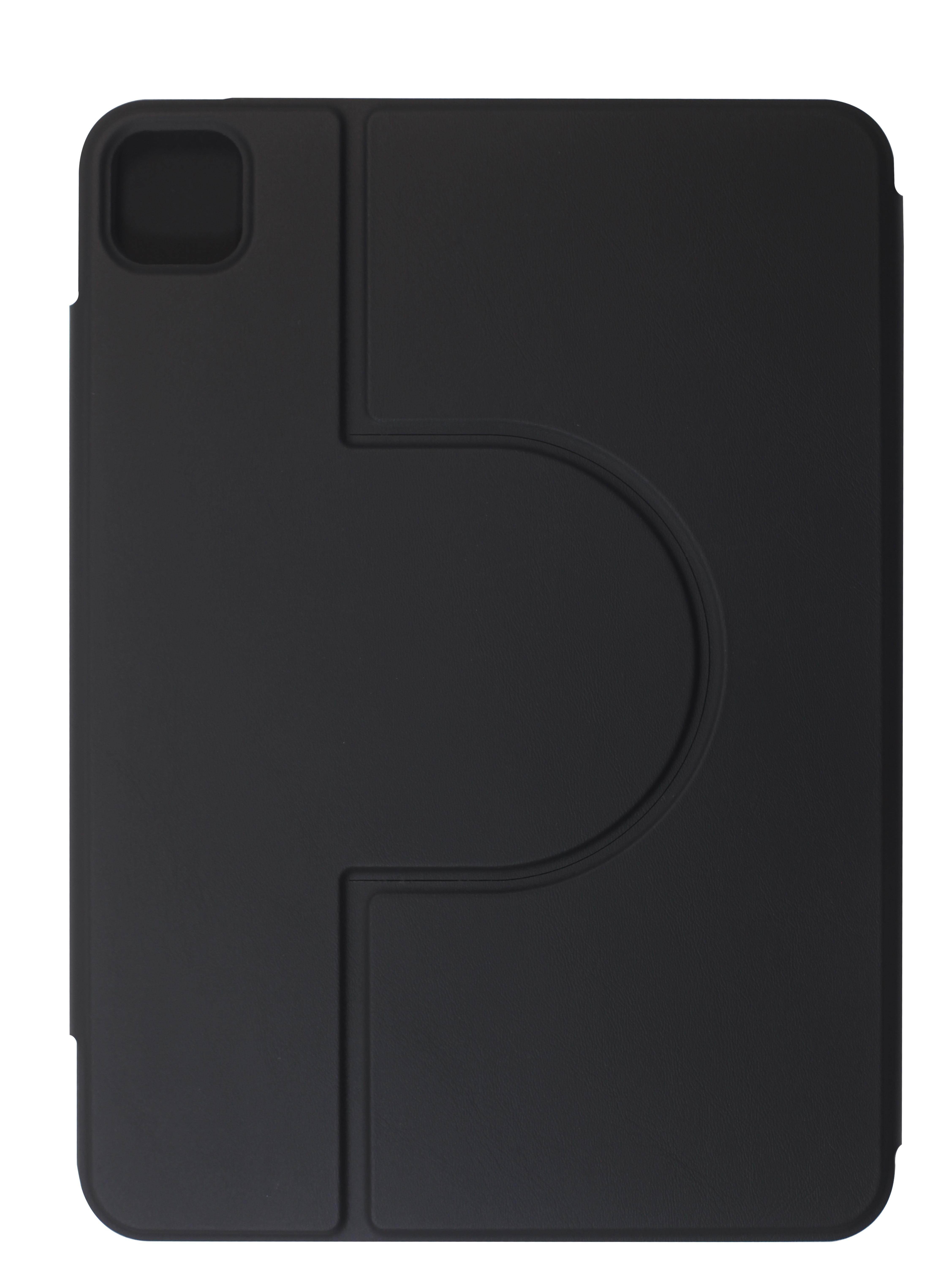 Schwarze iPad-Hülle mit Klappe und geschwungenem Design.
