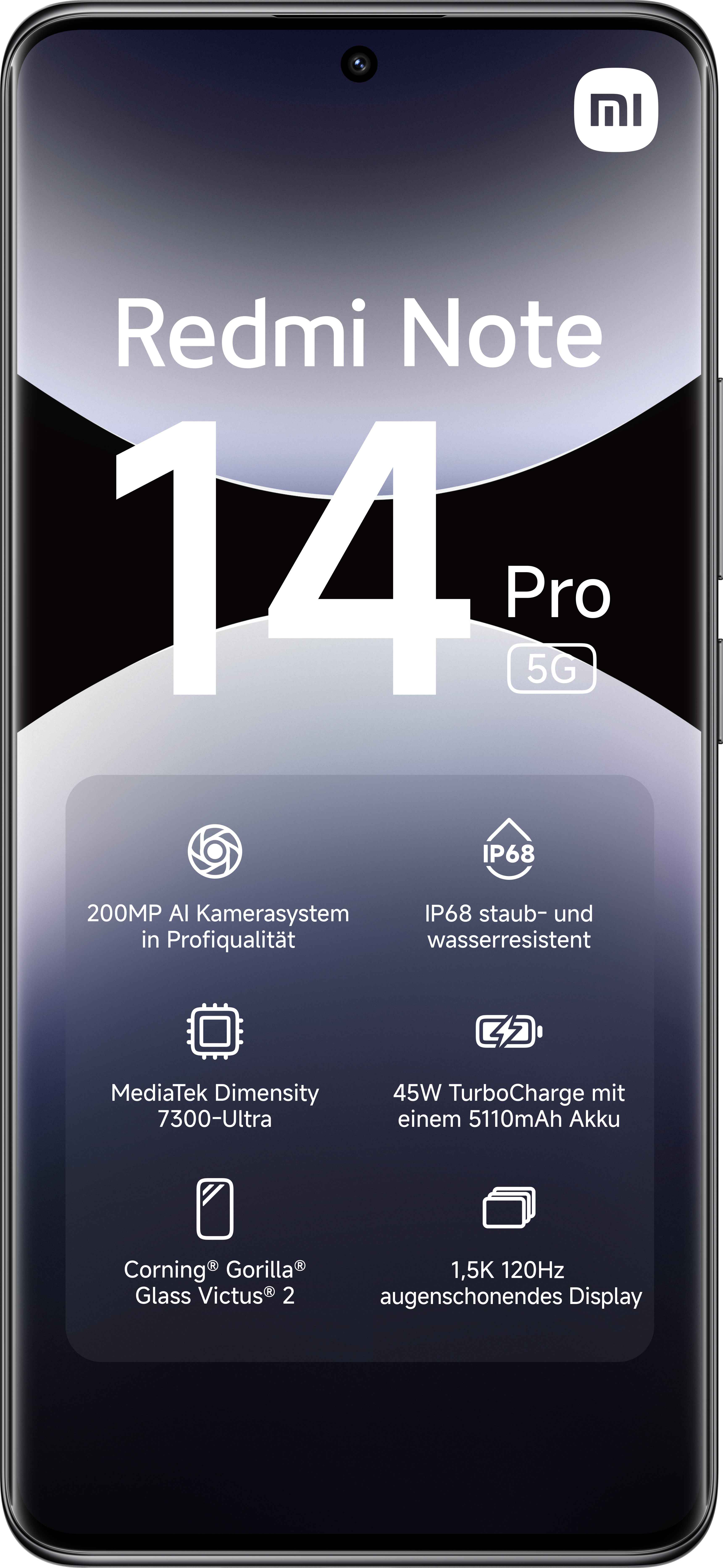 Smartphone mit Redmi Note 14 Pro 5G Logo. Zeigt Funktionen: 200MP Kamera, IP68 usw.