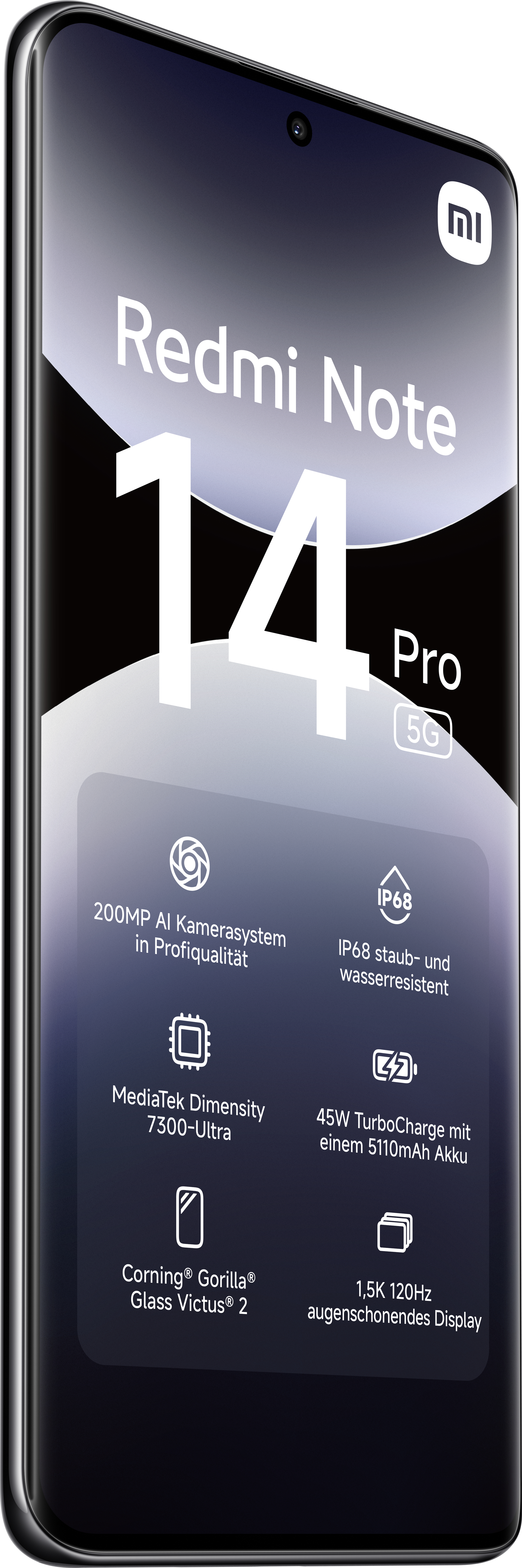 Schwarzes Smartphone mit Redmi Note 14 Pro Details, auf weißem Hintergrund.