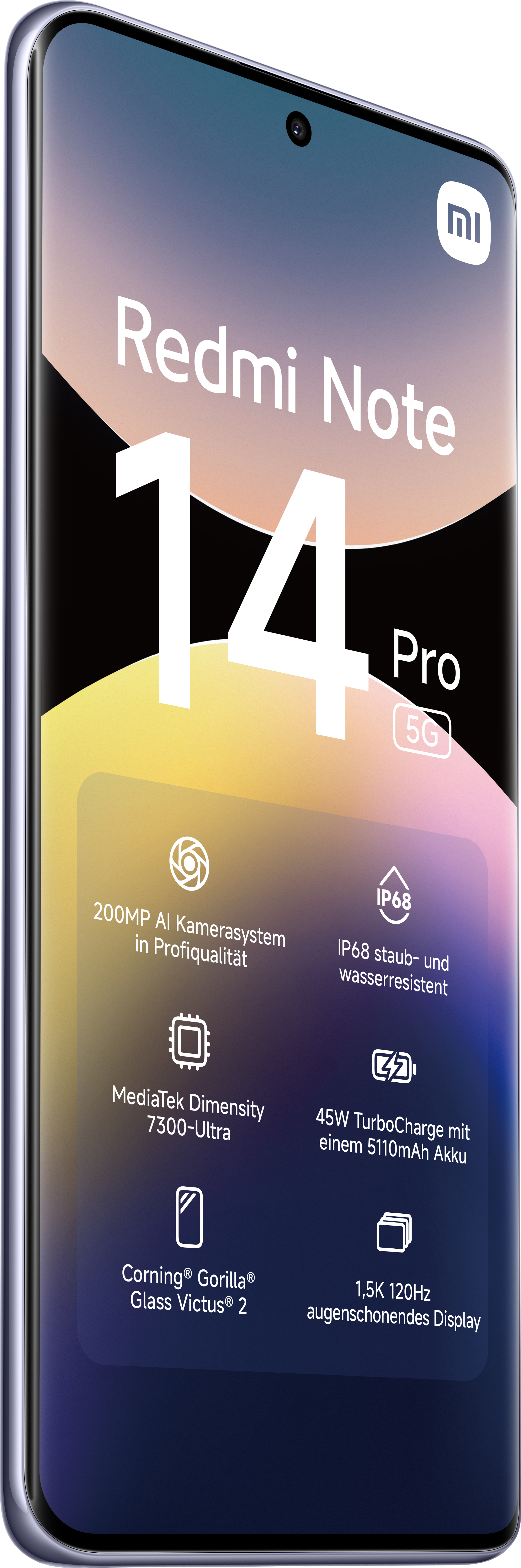 Redmi Note 14 Pro 5G-Telefon mit Spezifikationsdetails auf dem Bildschirm. Zu den Funktionen gehören Kamera, Akku, Display und mehr.