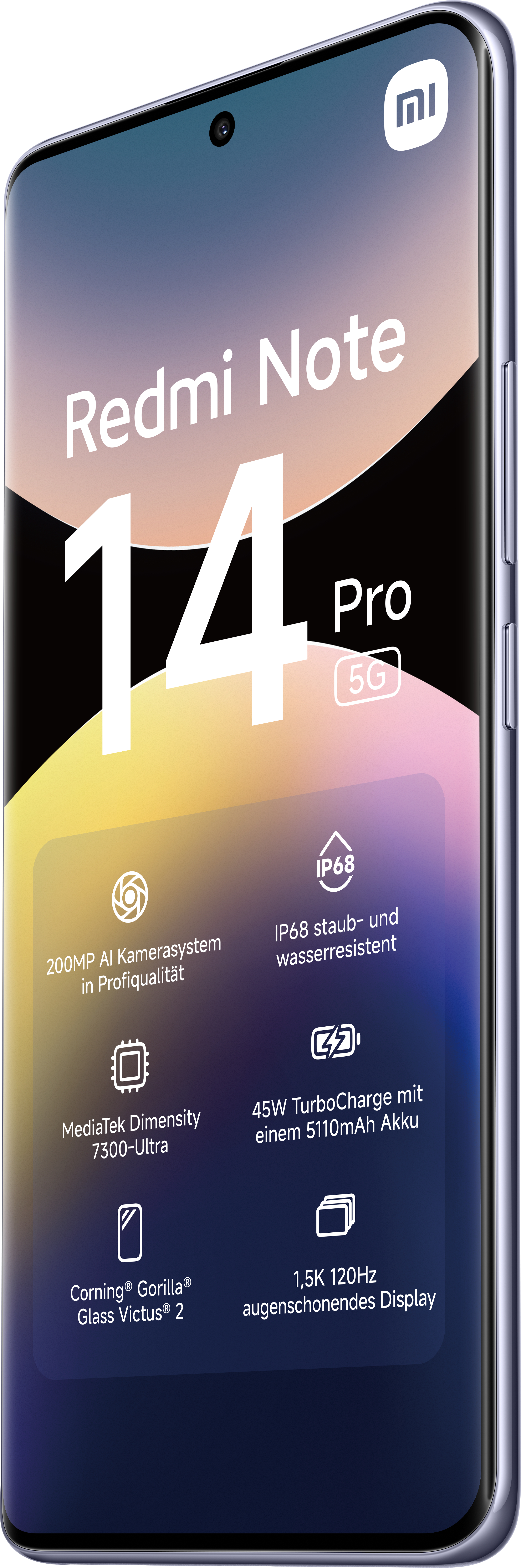 Ein Smartphone auf neutralem Hintergrund, mit technischen Daten.