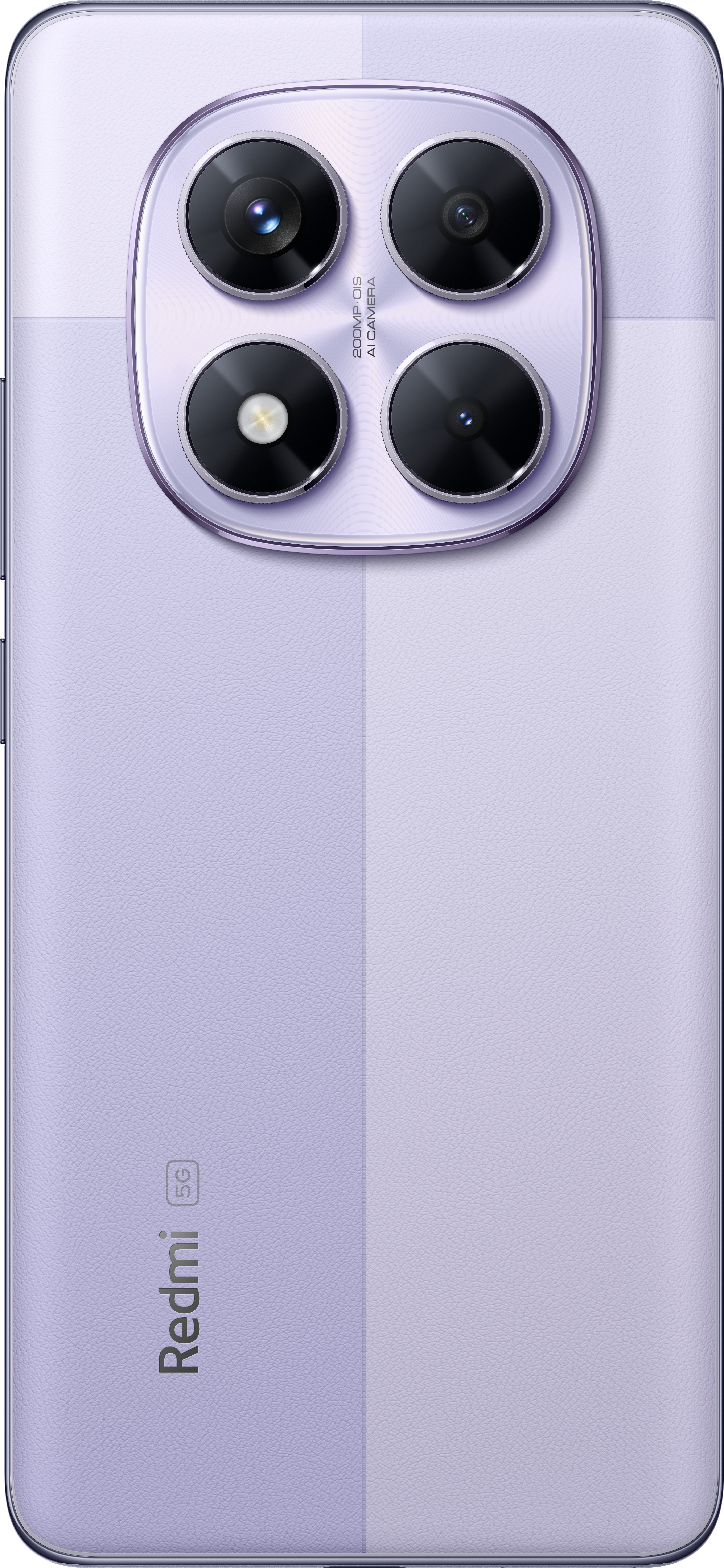 Rückseite eines lila Redmi-Telefons. Es hat eine Kameraanordnung mit vier Objektiven und ein Redmi-Logo unten.
