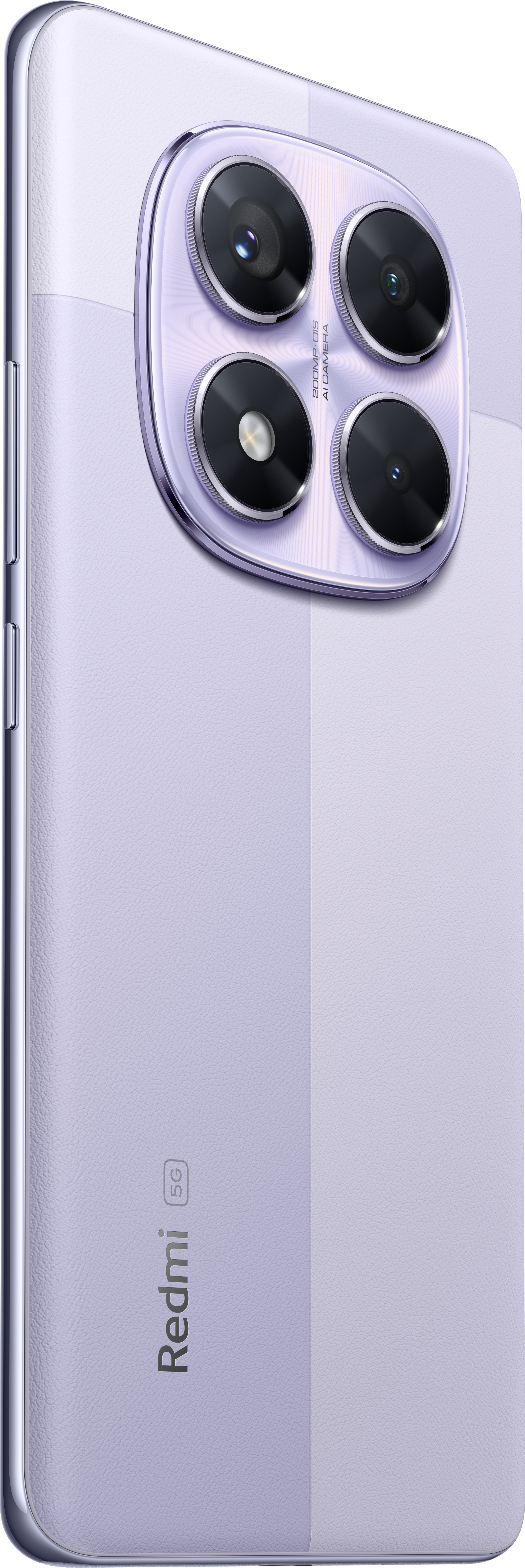Rückseite eines lila Redmi-Telefons. Es hat eine Kameraanordnung mit vier Objektiven und ein Redmi-Logo unten.