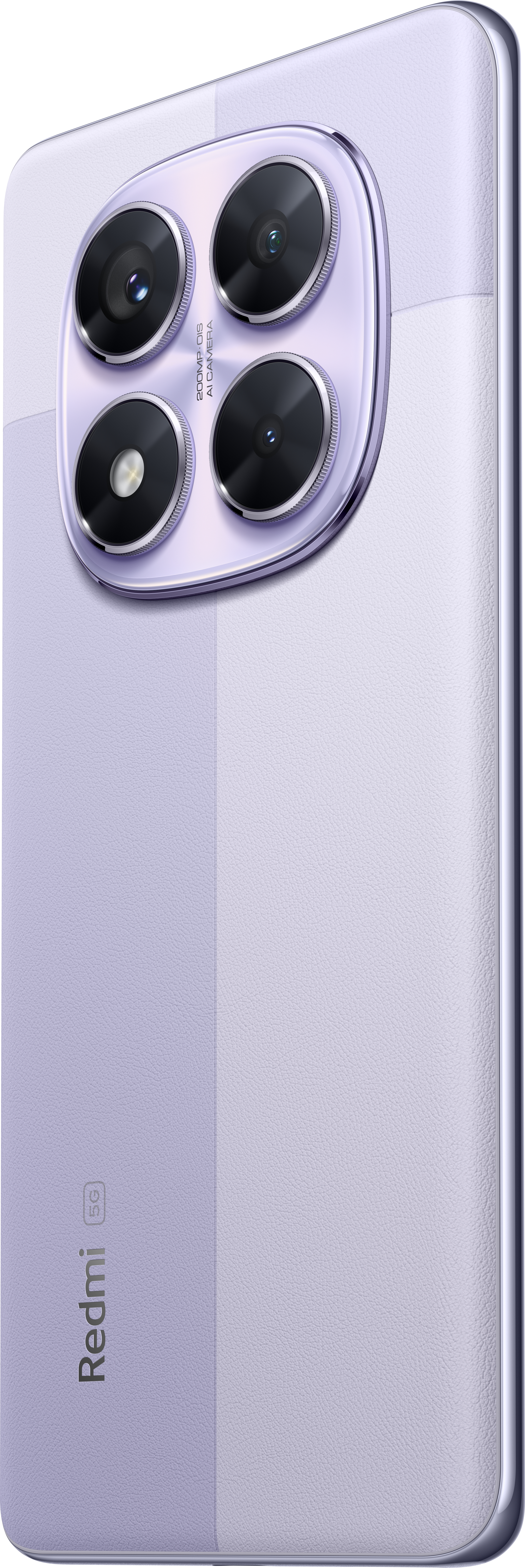 Rückseite eines lila Redmi-Telefons. Es hat eine Kameraanordnung mit vier Objektiven und ein Redmi-Logo unten.