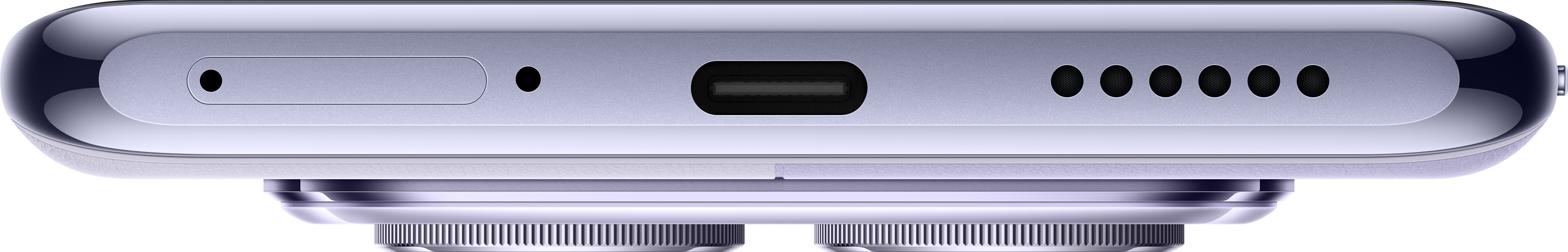 Unterkante eines lila Telefons. Es hat einen USB-C-Anschluss, ein Mikrofon und Lautsprecherlöcher.