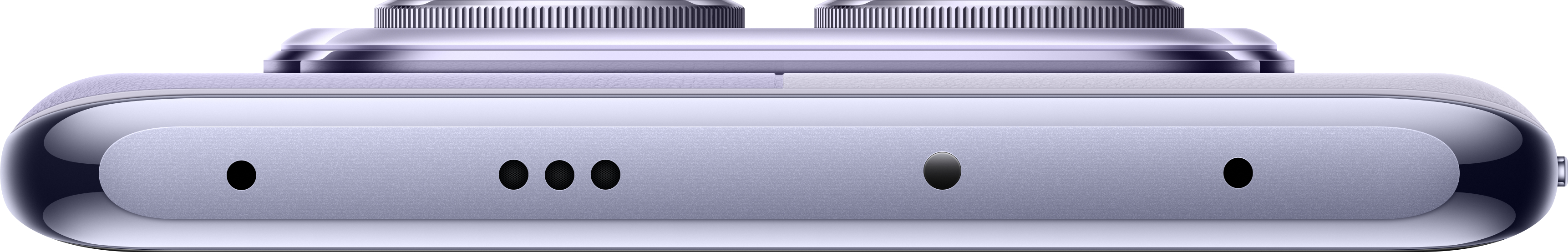 Unterkante eines lila Telefons. Es hat Lautsprecher, einen USB-C-Anschluss und ein Mikrofon.