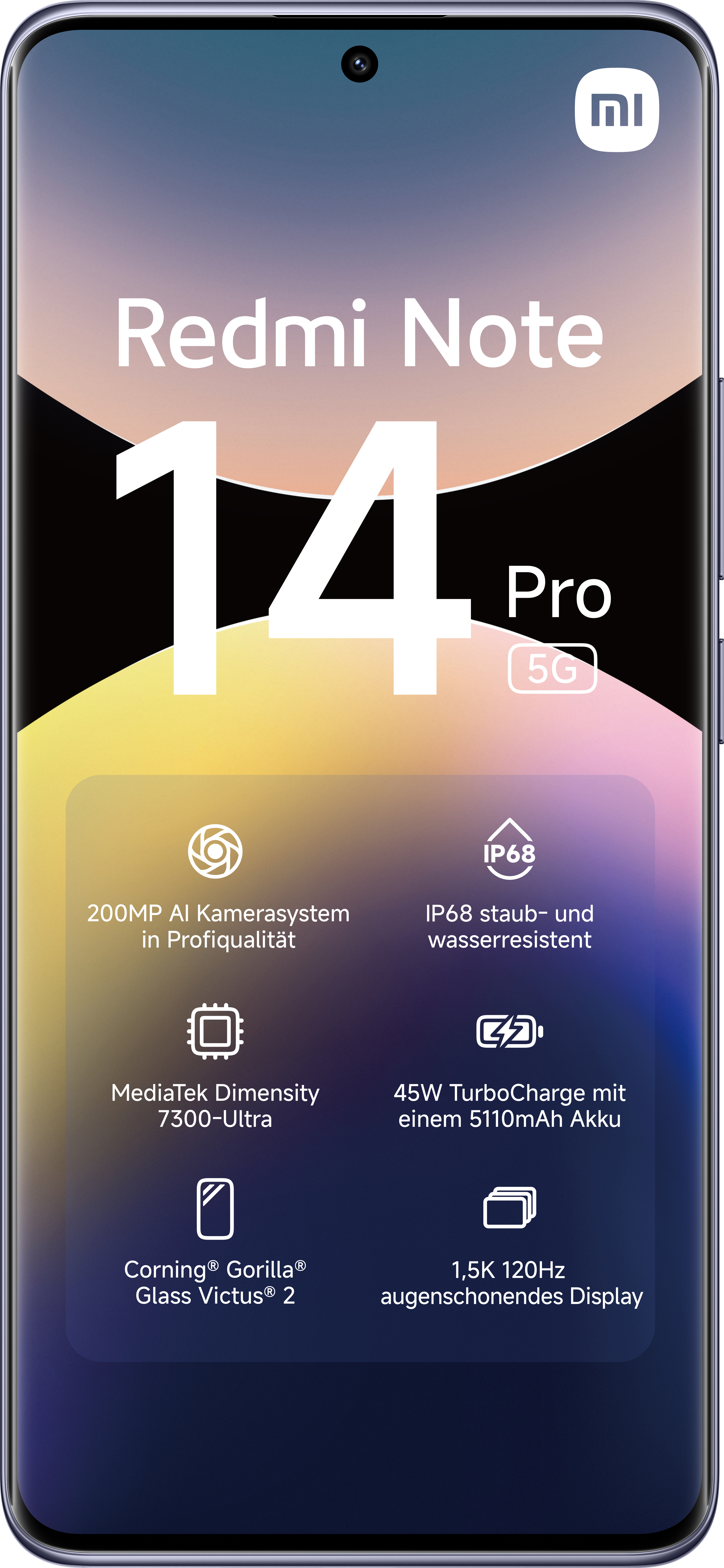 Redmi Note 14 Pro 5G-Telefon mit Spezifikationsdetails auf dem Bildschirm. Zu den Funktionen gehören Kamera, Akku, Display und mehr.